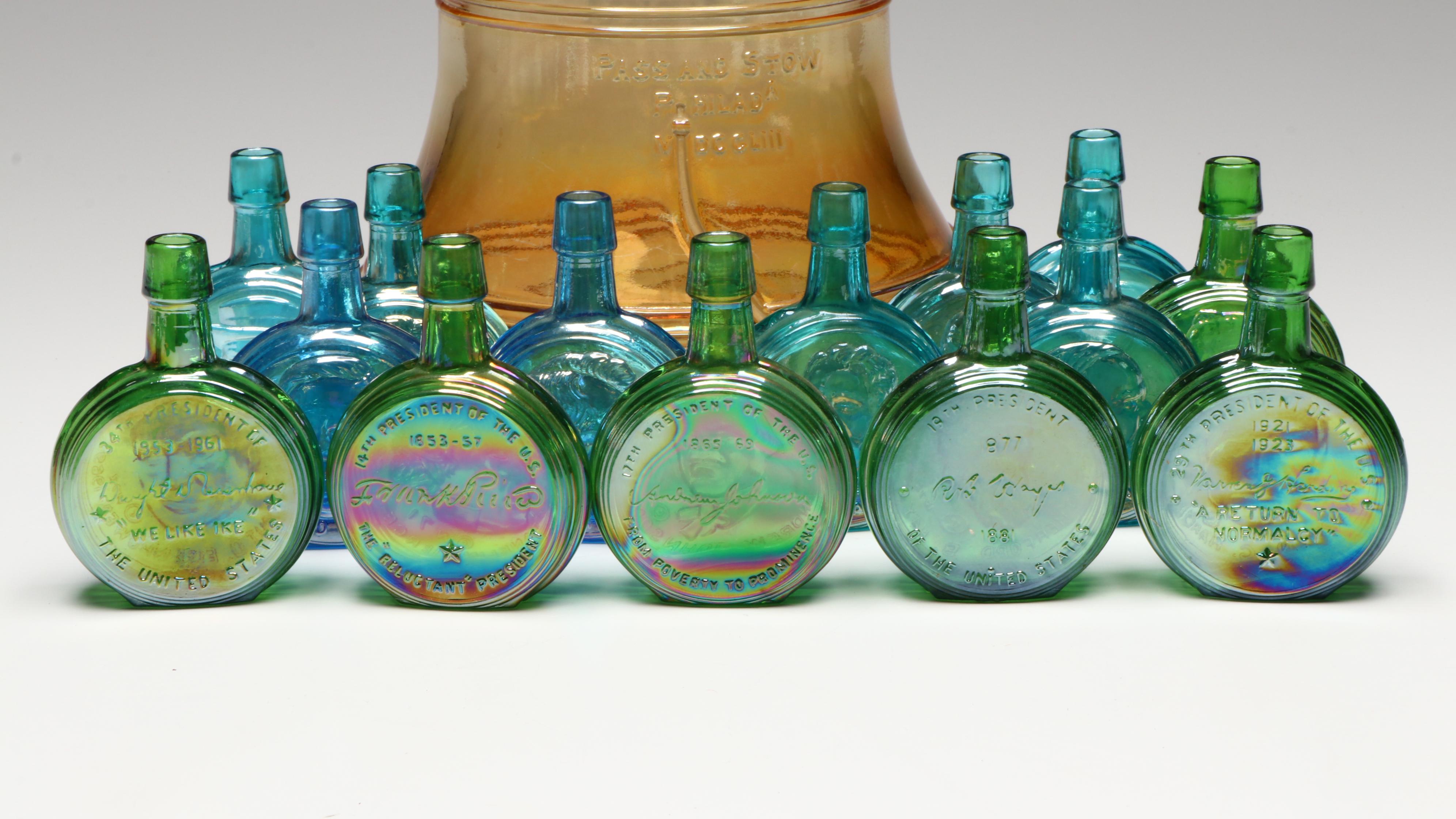 Wheaton Nuline Presidental Carnival Glass Decanters with Bicentennial Cookie Jar