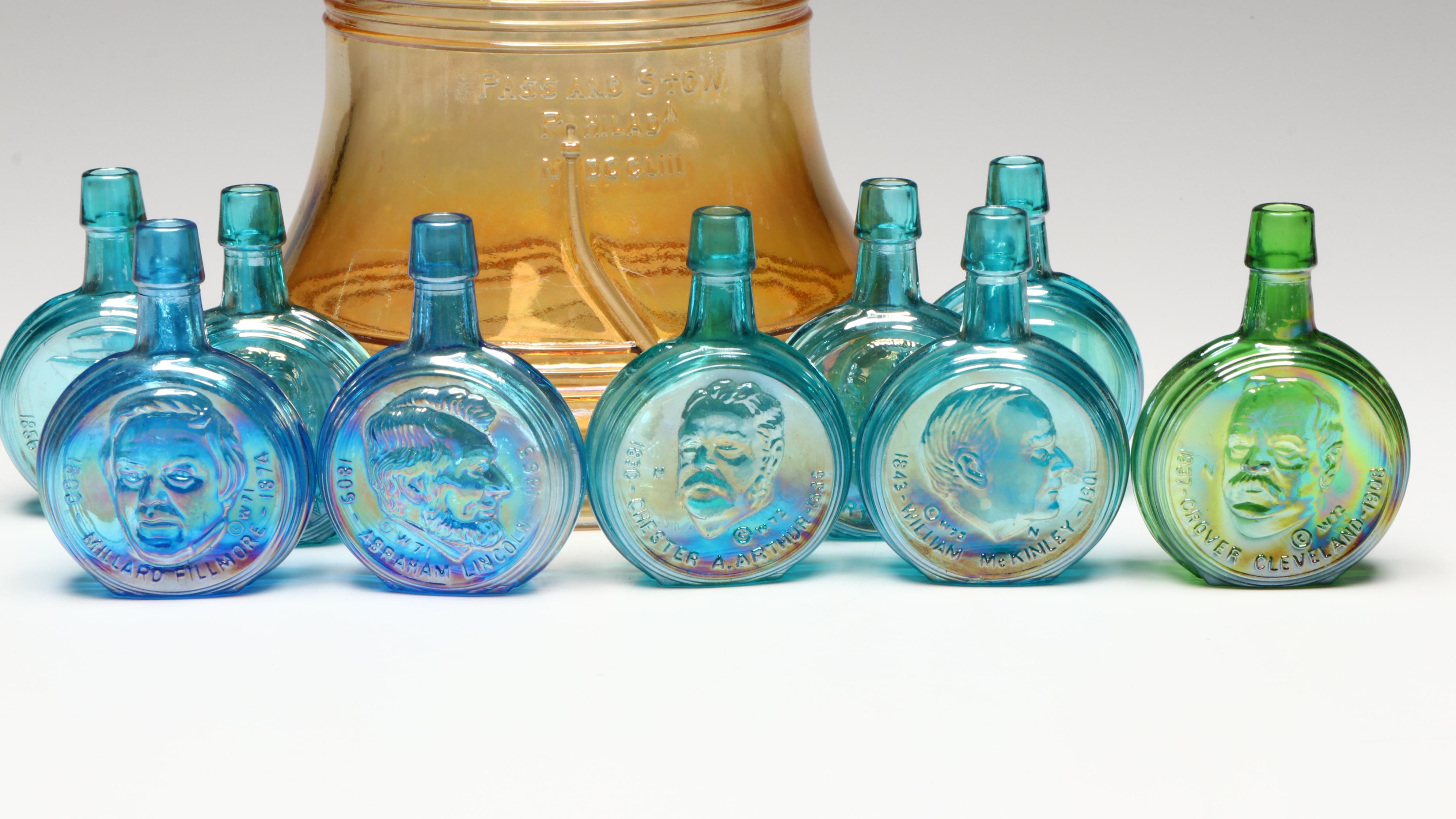 Wheaton Nuline Presidental Carnival Glass Decanters with Bicentennial Cookie Jar