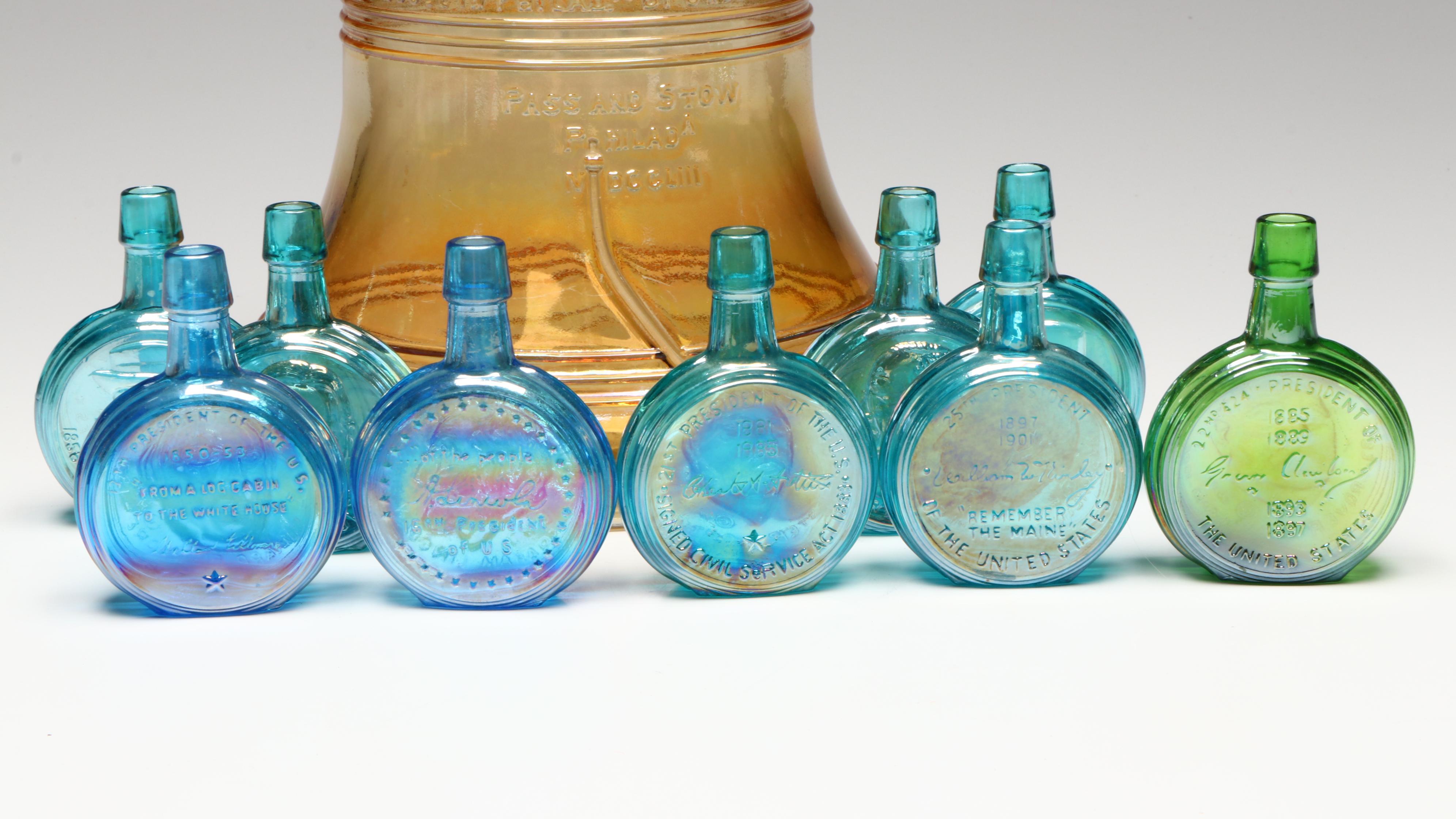 Wheaton Nuline Presidental Carnival Glass Decanters with Bicentennial Cookie Jar