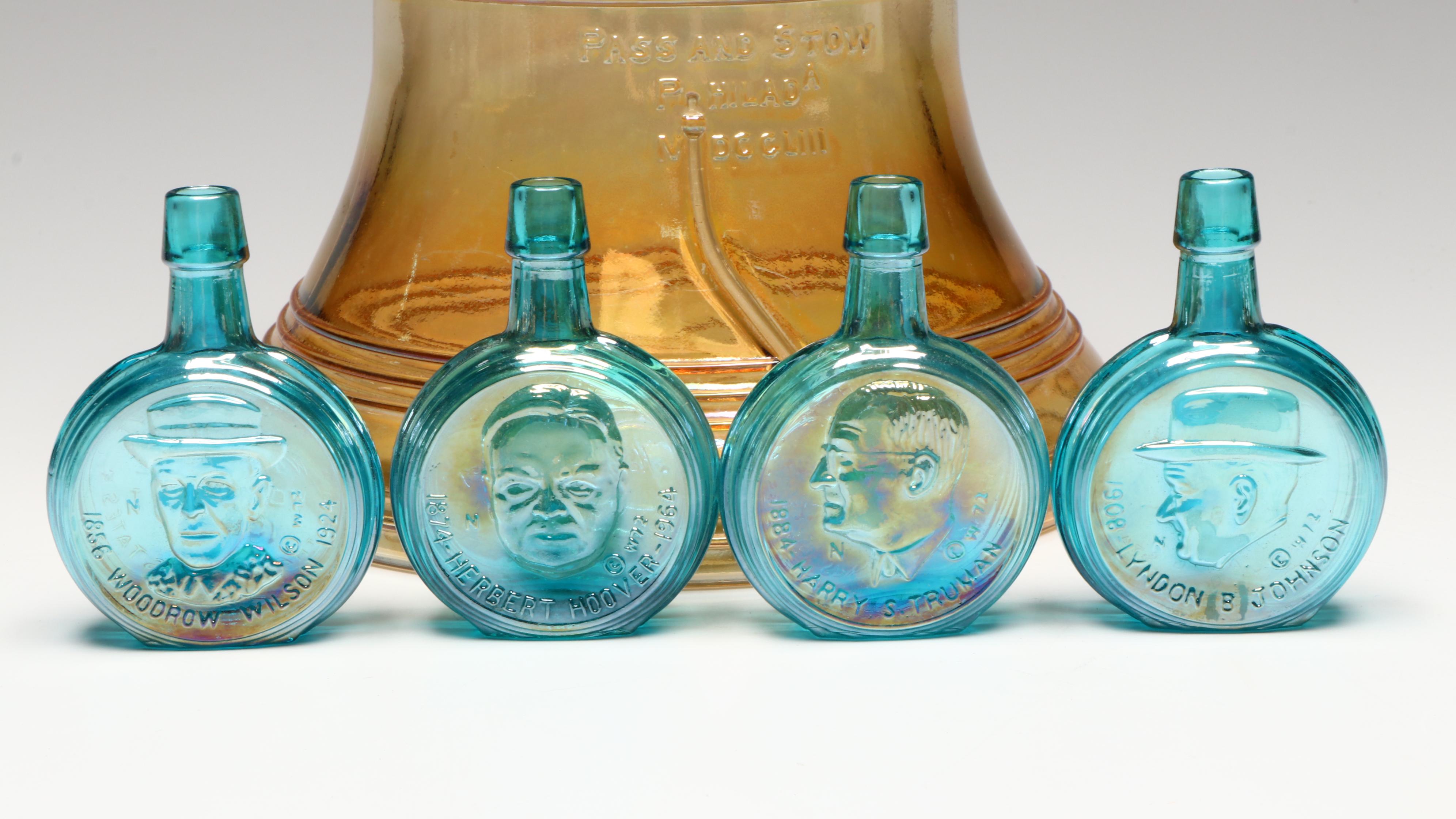 Wheaton Nuline Presidental Carnival Glass Decanters with Bicentennial Cookie Jar