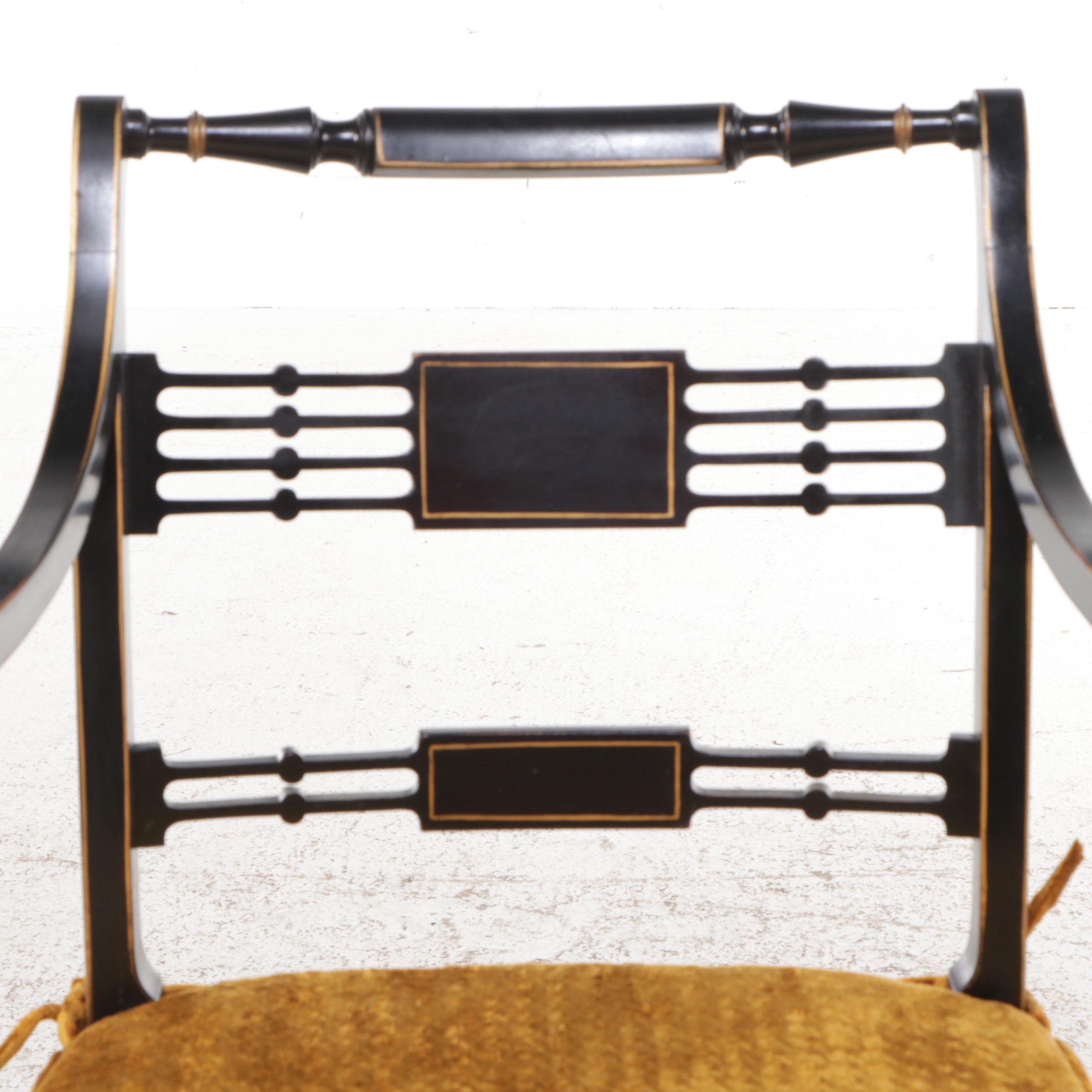 English Regency Style Gilt Accented Ebonized Wood Arm Chairs with Cane Seats