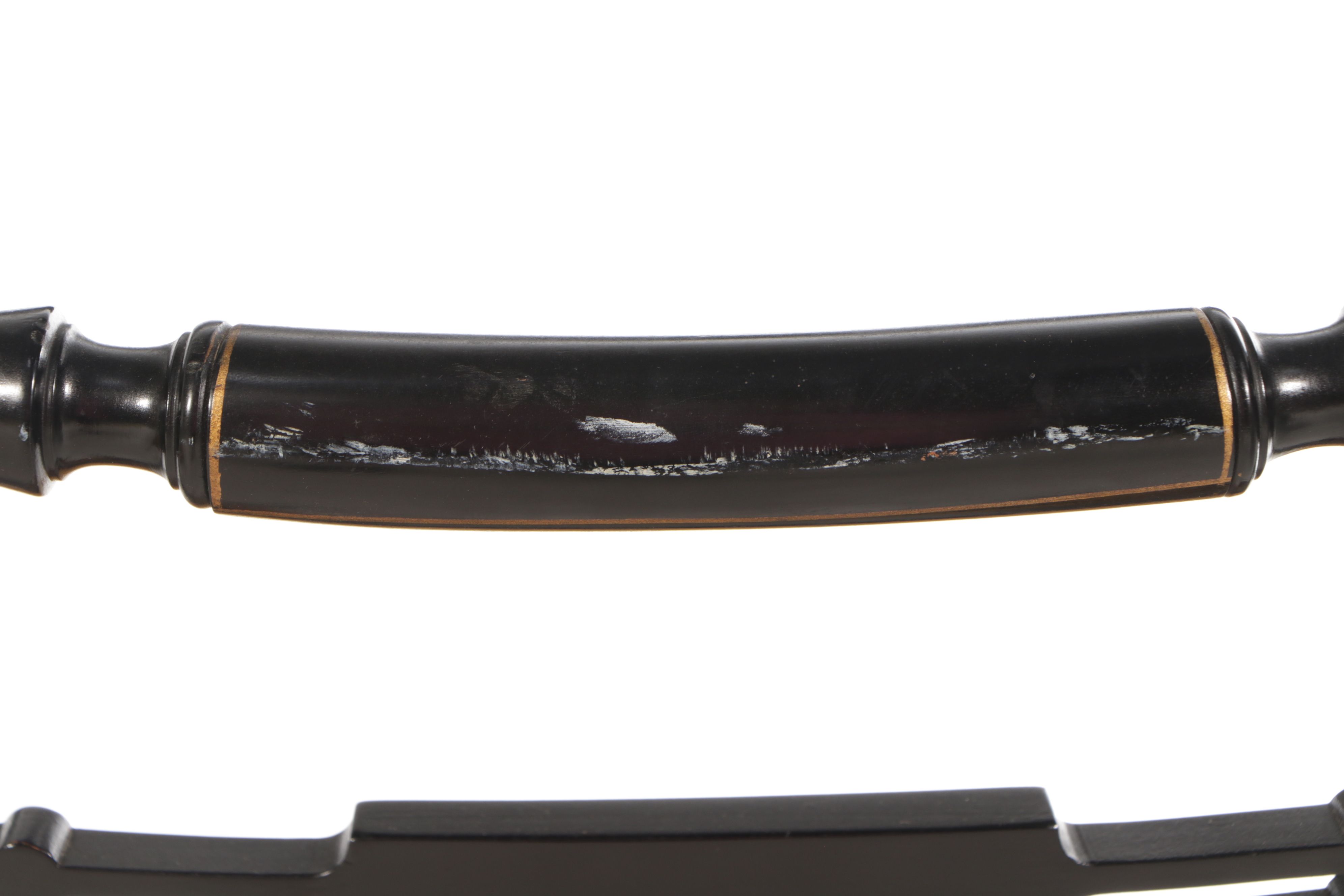 English Regency Style Gilt Accented Ebonized Wood Arm Chairs with Cane Seats