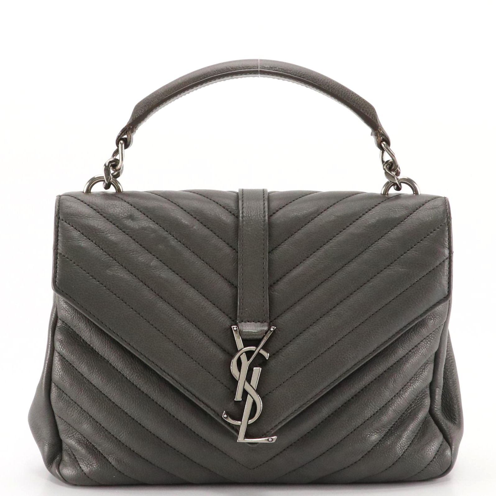 Saint Laurent College Two-Way Bag in Cool Grey Chevron Matelassé Leather