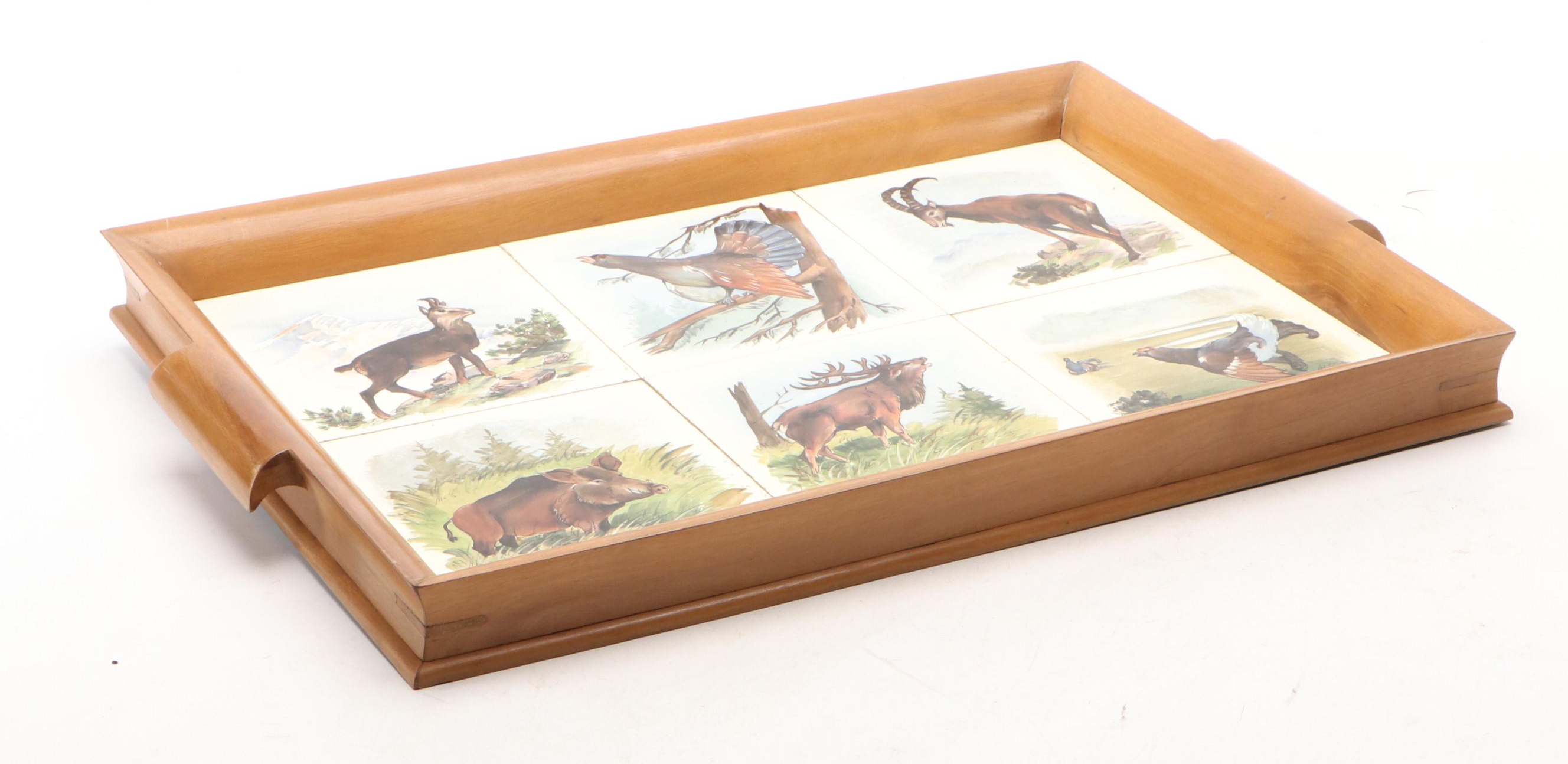 Wildlife Tile Decorative Wood Tray, Mid/Late 20th Century