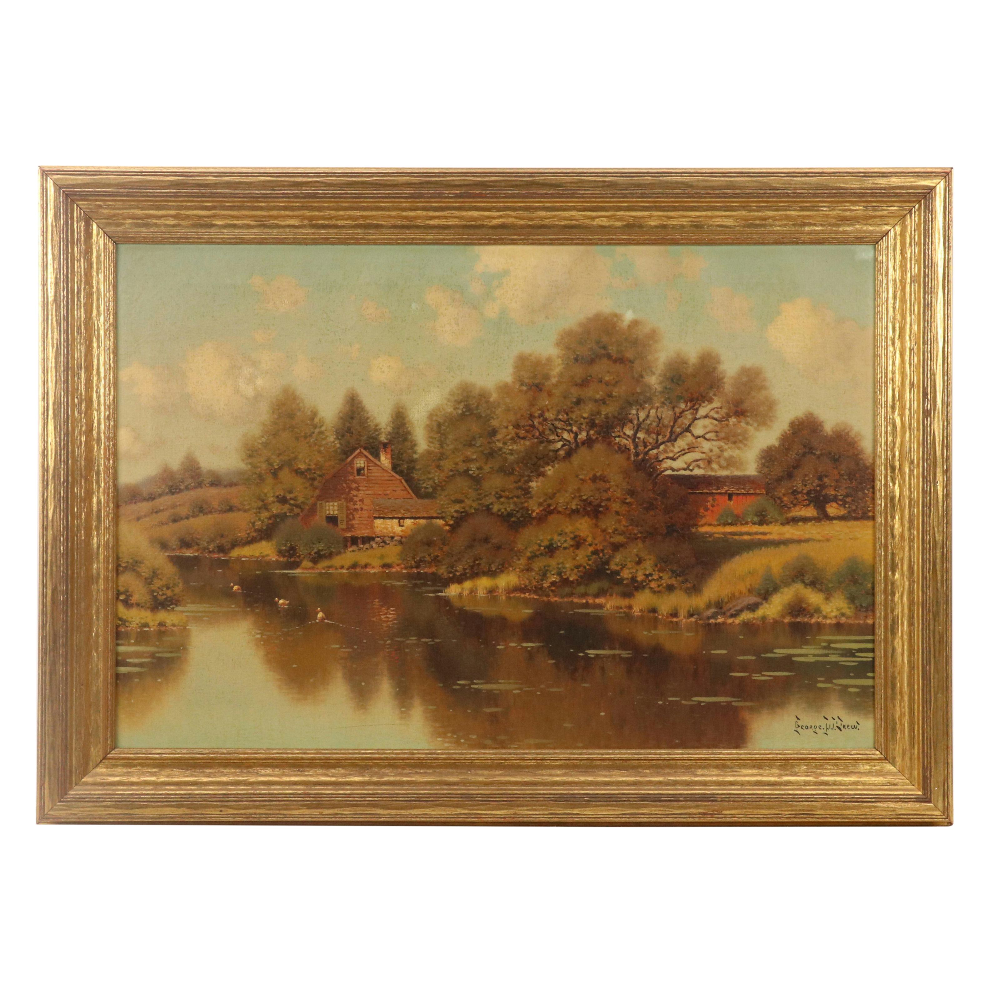 George W. Drew Landscape Oil Painting with River Scene, Early 20th Century