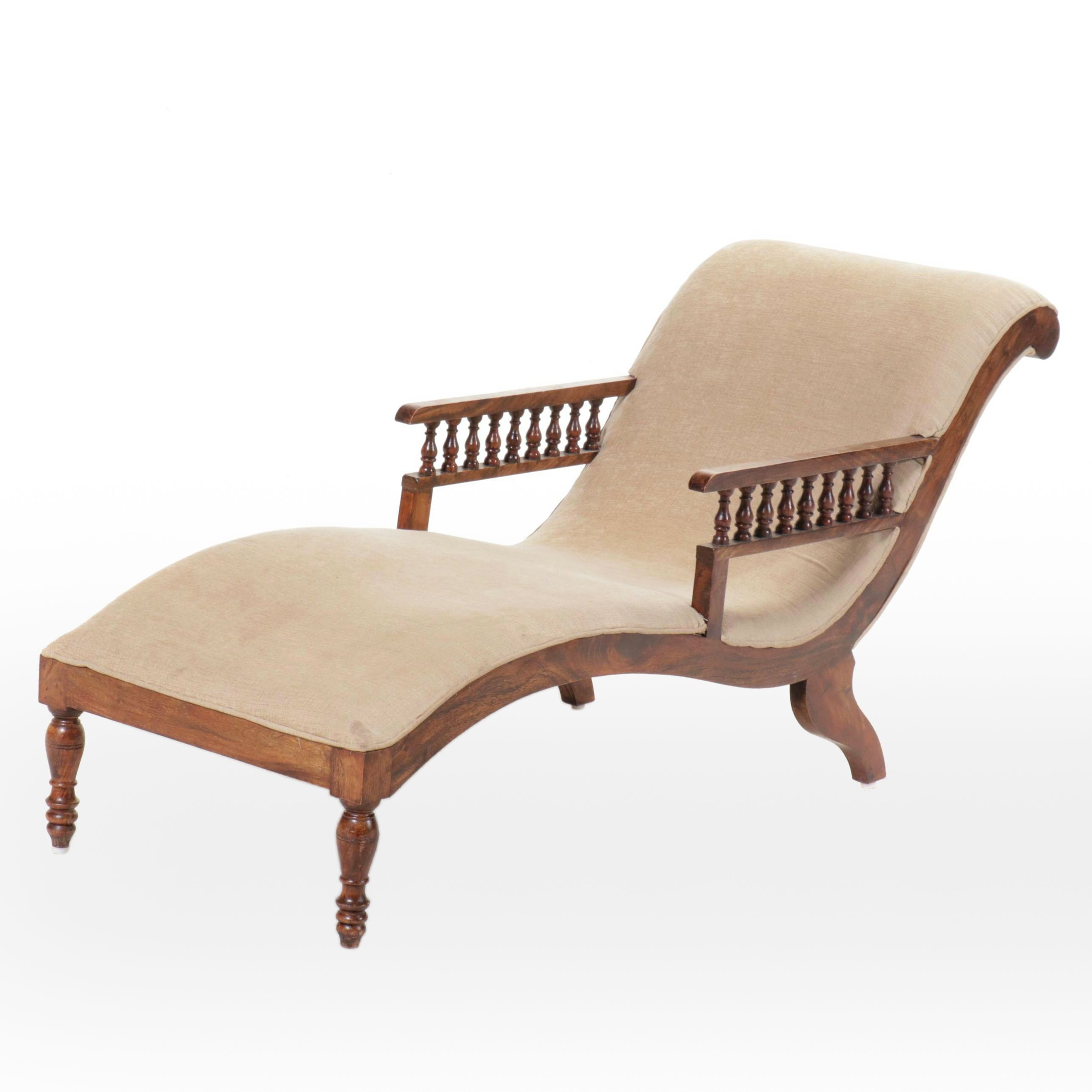 Edwardian Style Walnut Chaise Lounge with Stick and Ball Arms, Early 20th C.