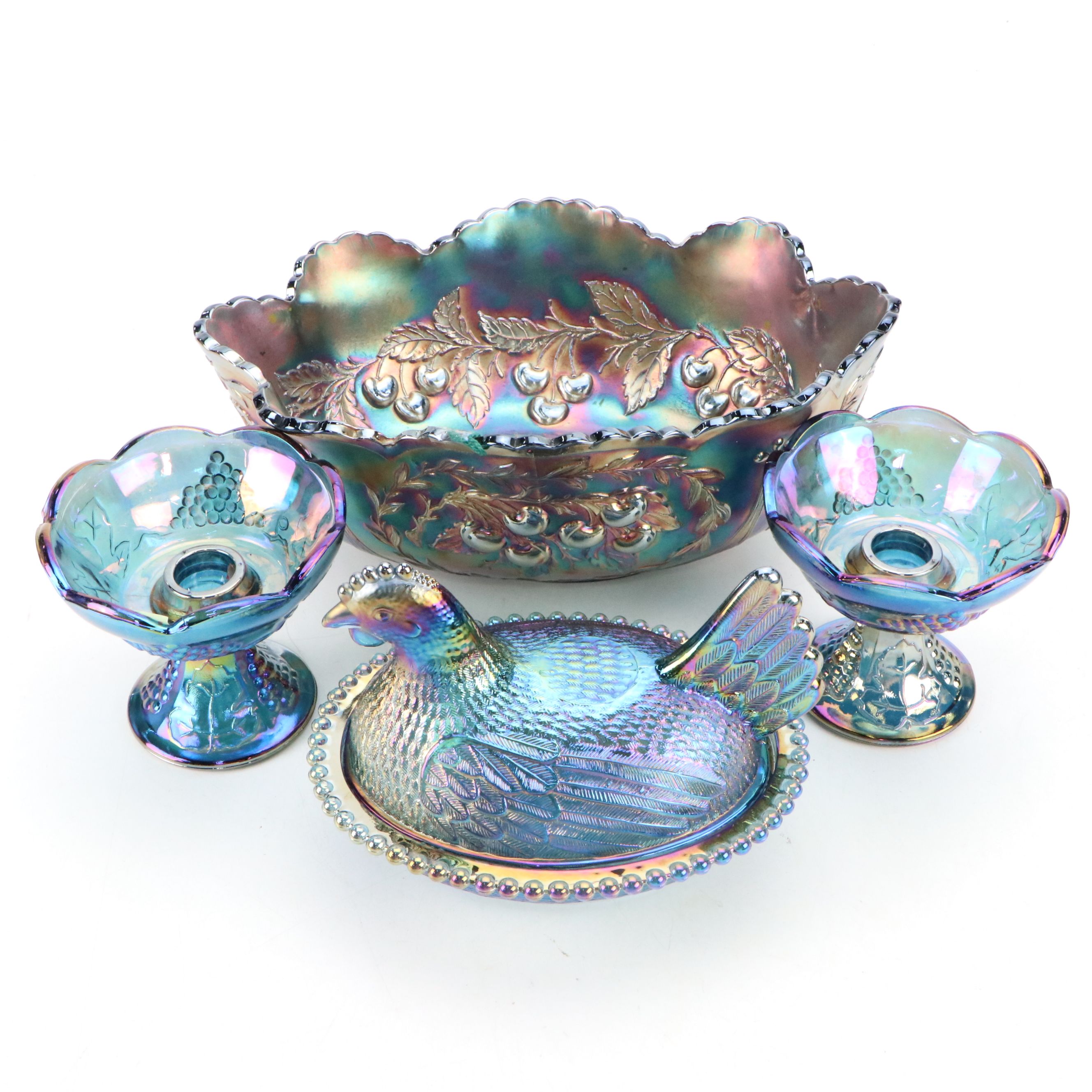 Colony "Harvest" Blue Carnival Glass Candlesticks with Hen on Nest and Bowl