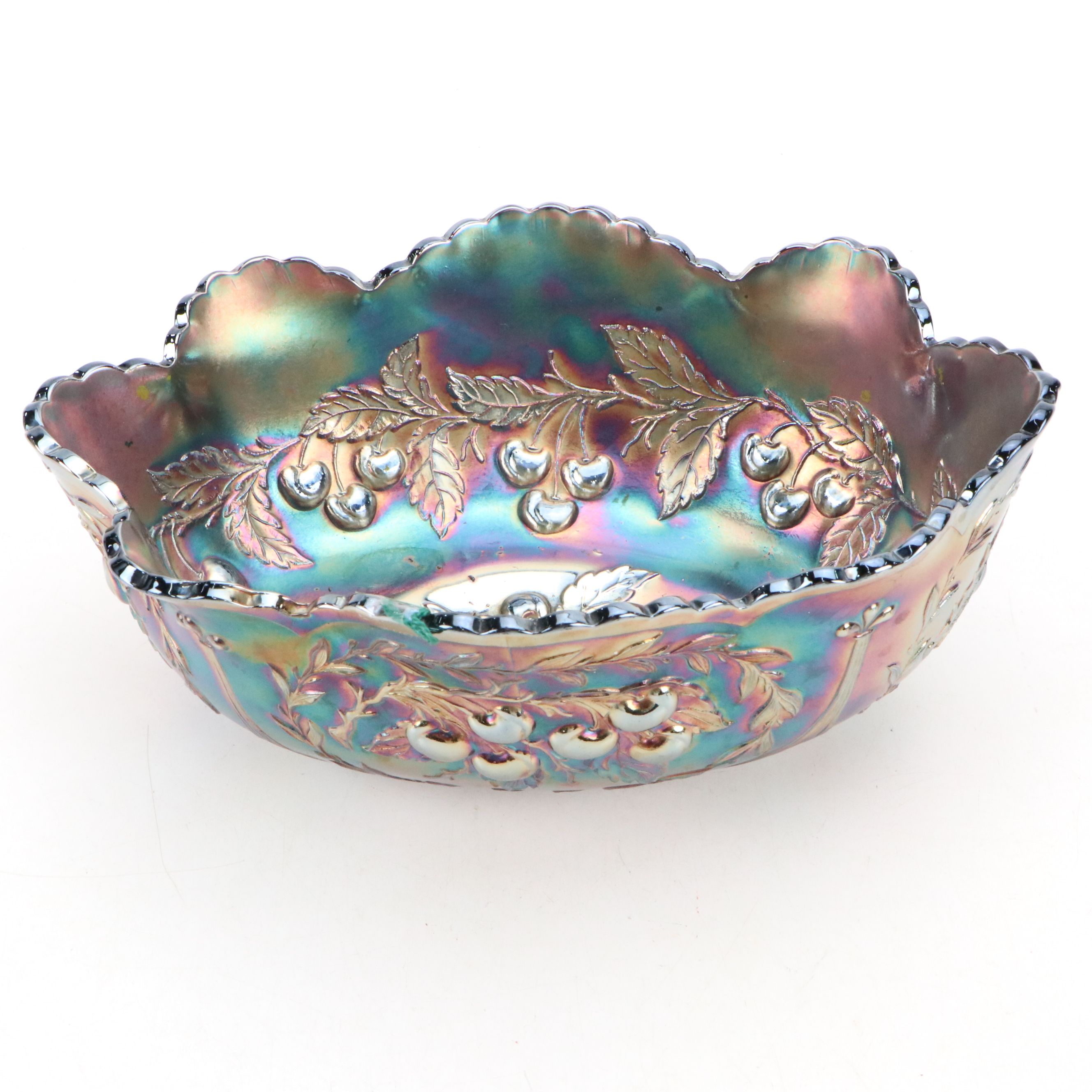 Colony "Harvest" Blue Carnival Glass Candlesticks with Hen on Nest and Bowl