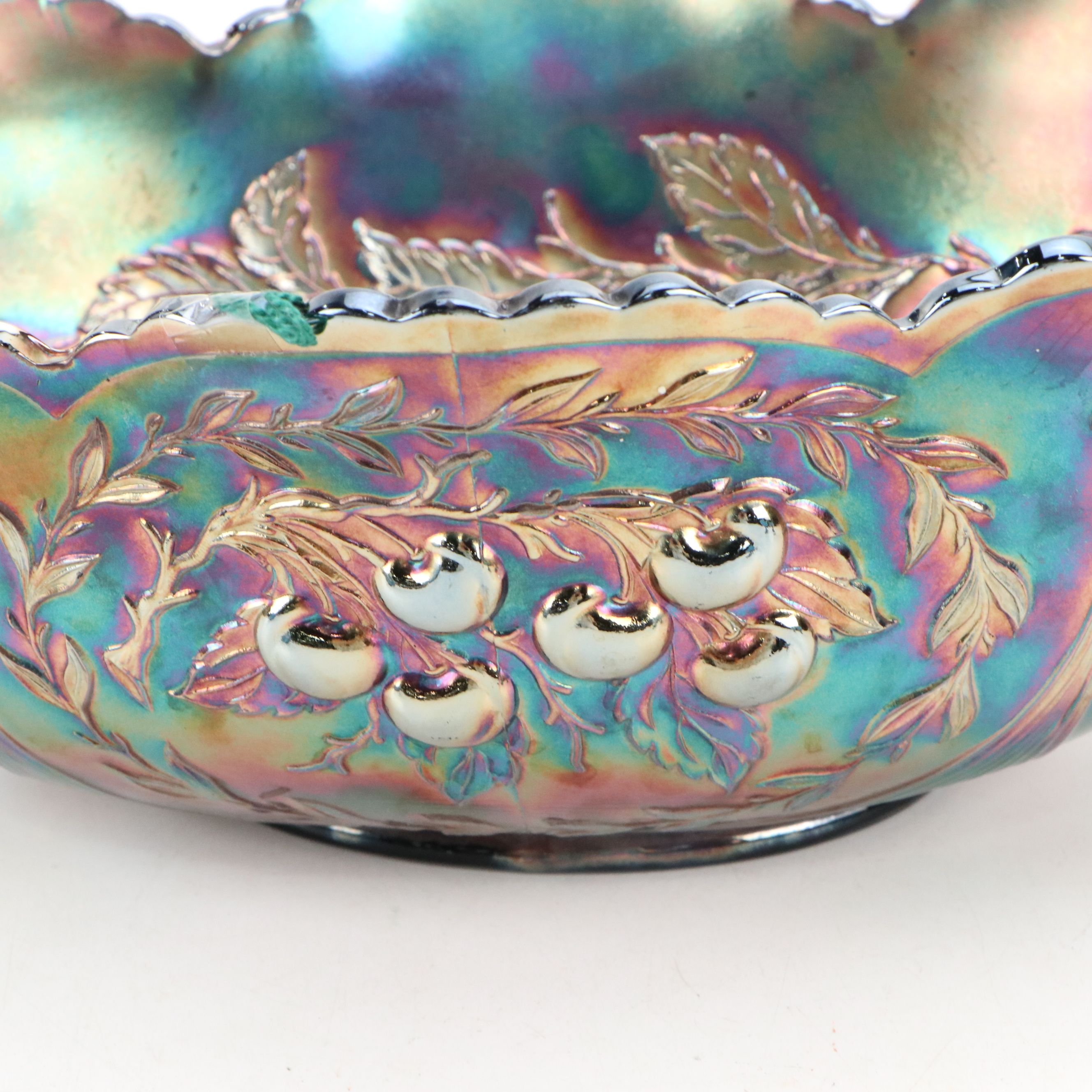 Colony "Harvest" Blue Carnival Glass Candlesticks with Hen on Nest and Bowl