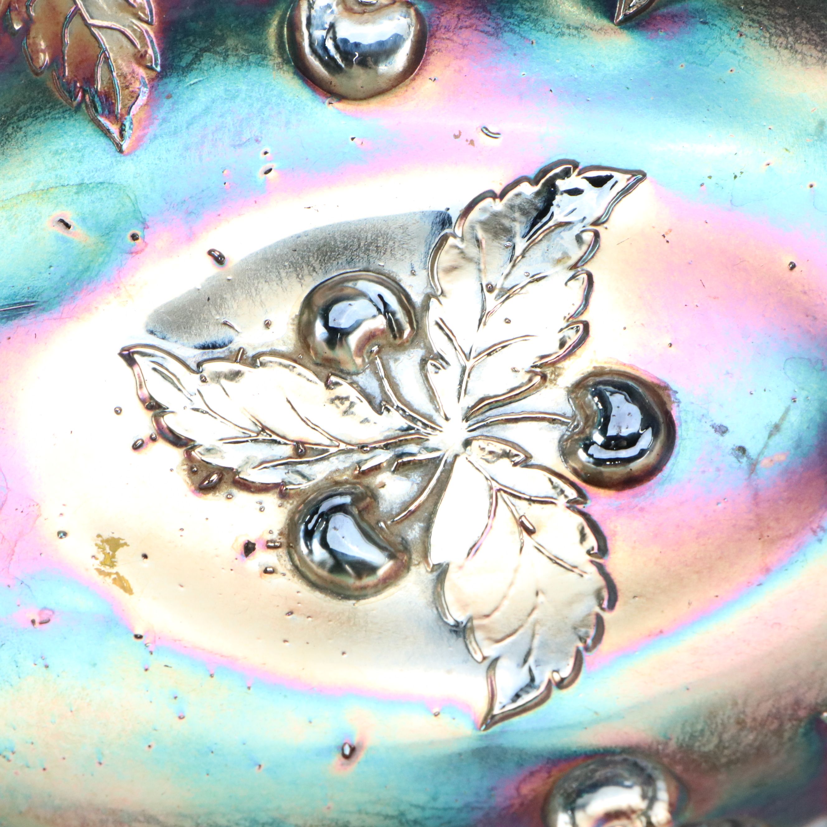 Colony "Harvest" Blue Carnival Glass Candlesticks with Hen on Nest and Bowl