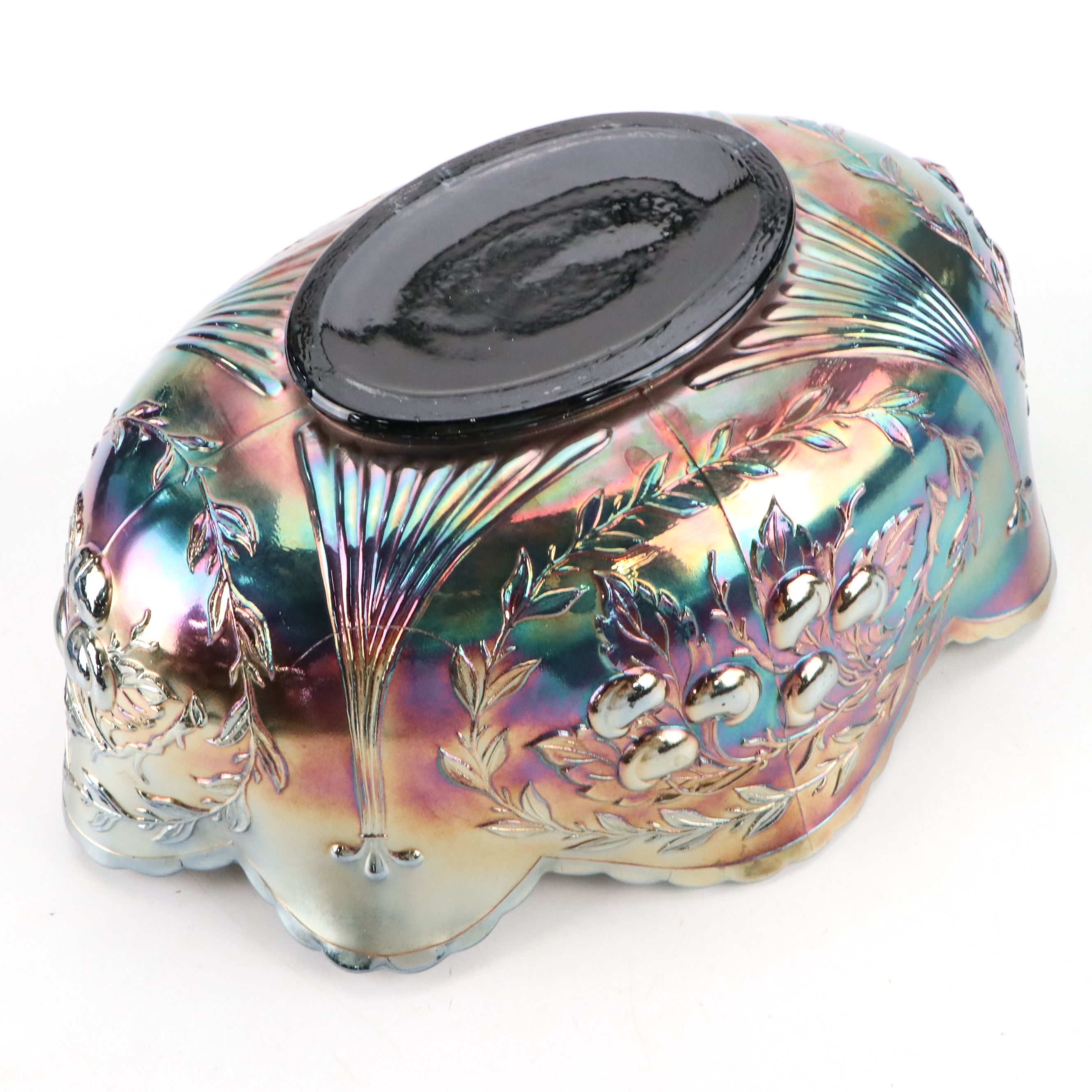 Colony "Harvest" Blue Carnival Glass Candlesticks with Hen on Nest and Bowl