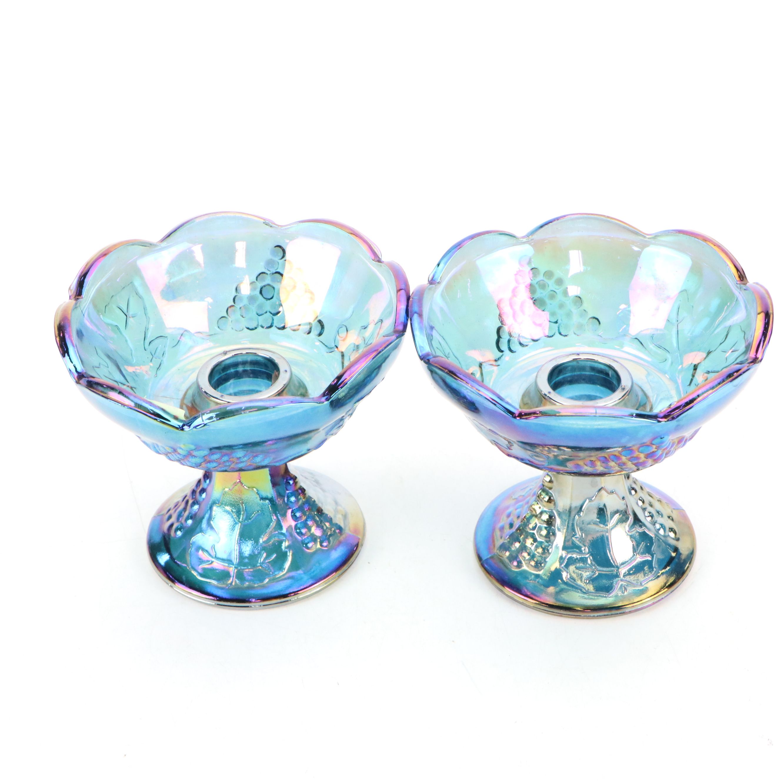 Colony "Harvest" Blue Carnival Glass Candlesticks with Hen on Nest and Bowl