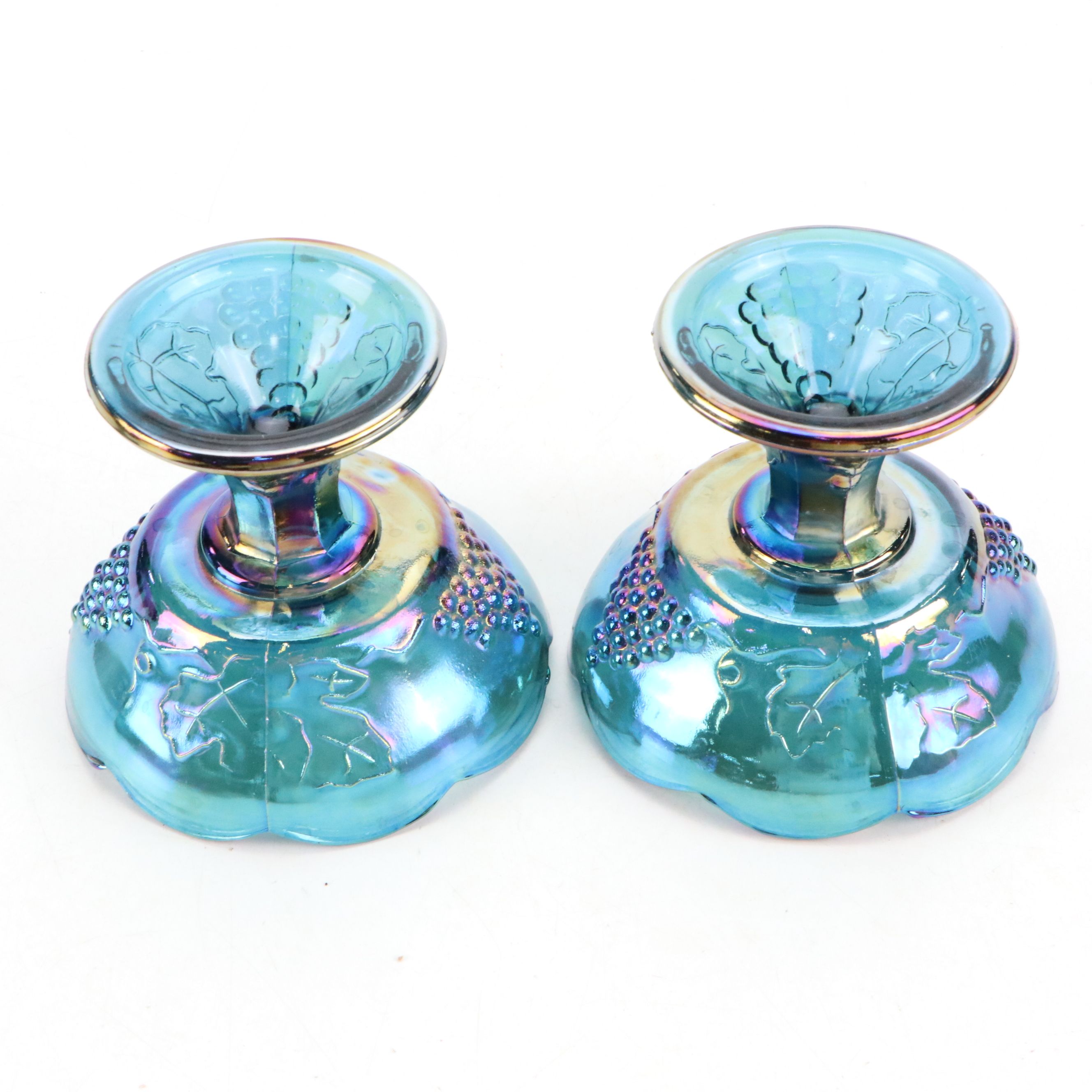 Colony "Harvest" Blue Carnival Glass Candlesticks with Hen on Nest and Bowl