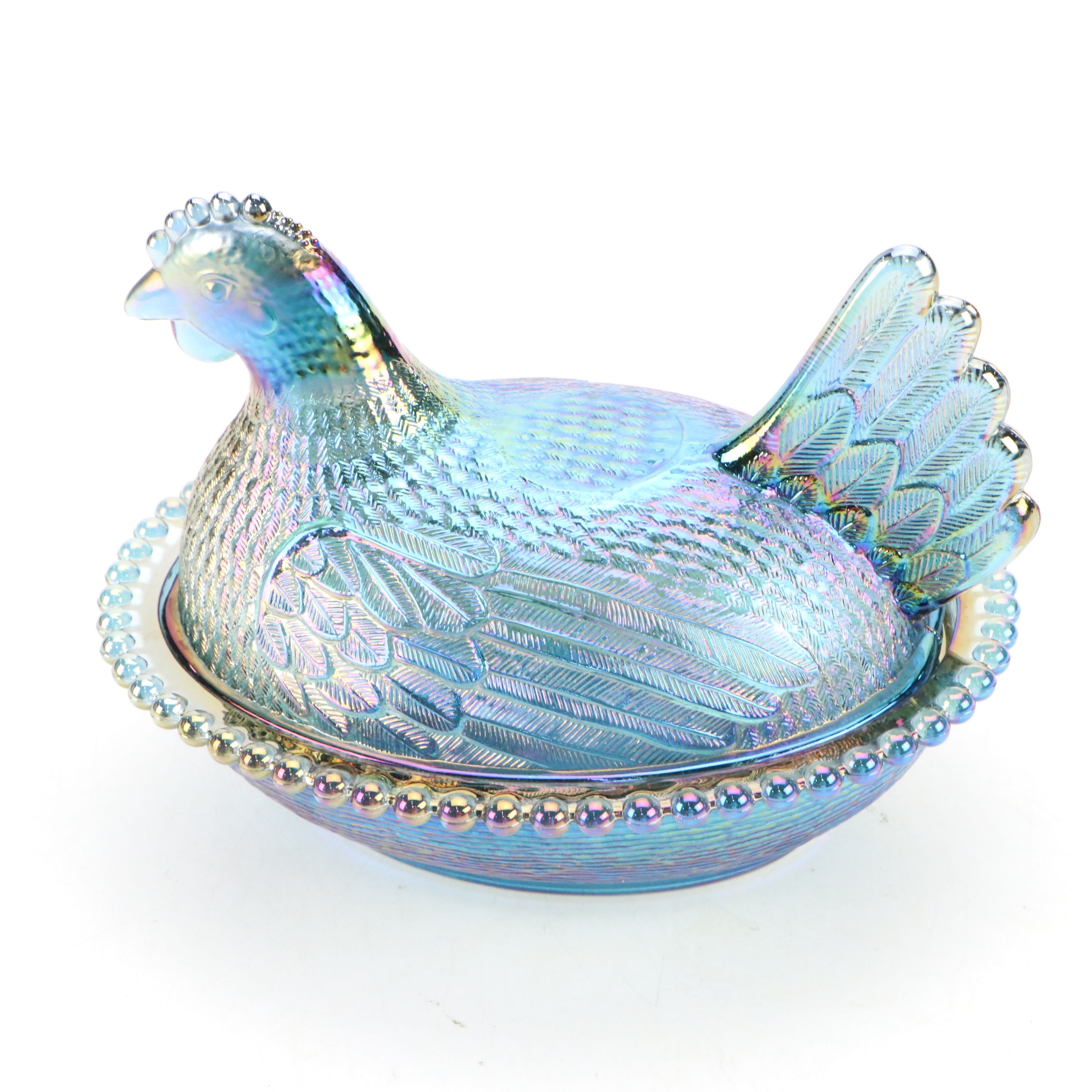 Colony "Harvest" Blue Carnival Glass Candlesticks with Hen on Nest and Bowl