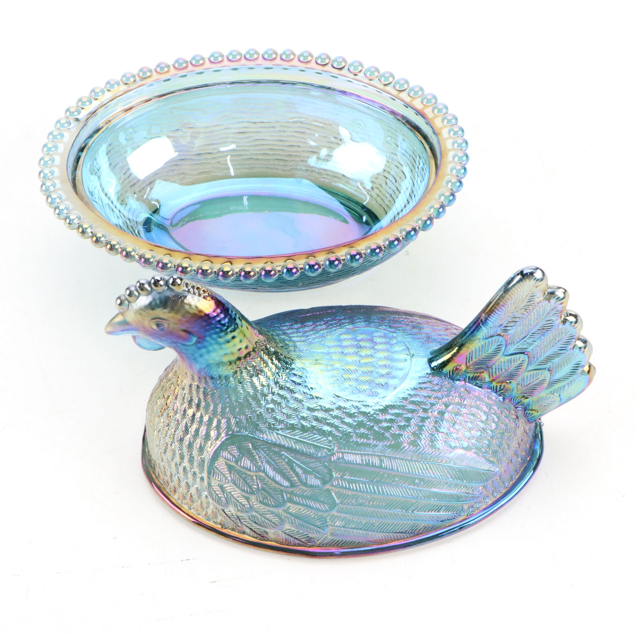 Colony "Harvest" Blue Carnival Glass Candlesticks with Hen on Nest and Bowl