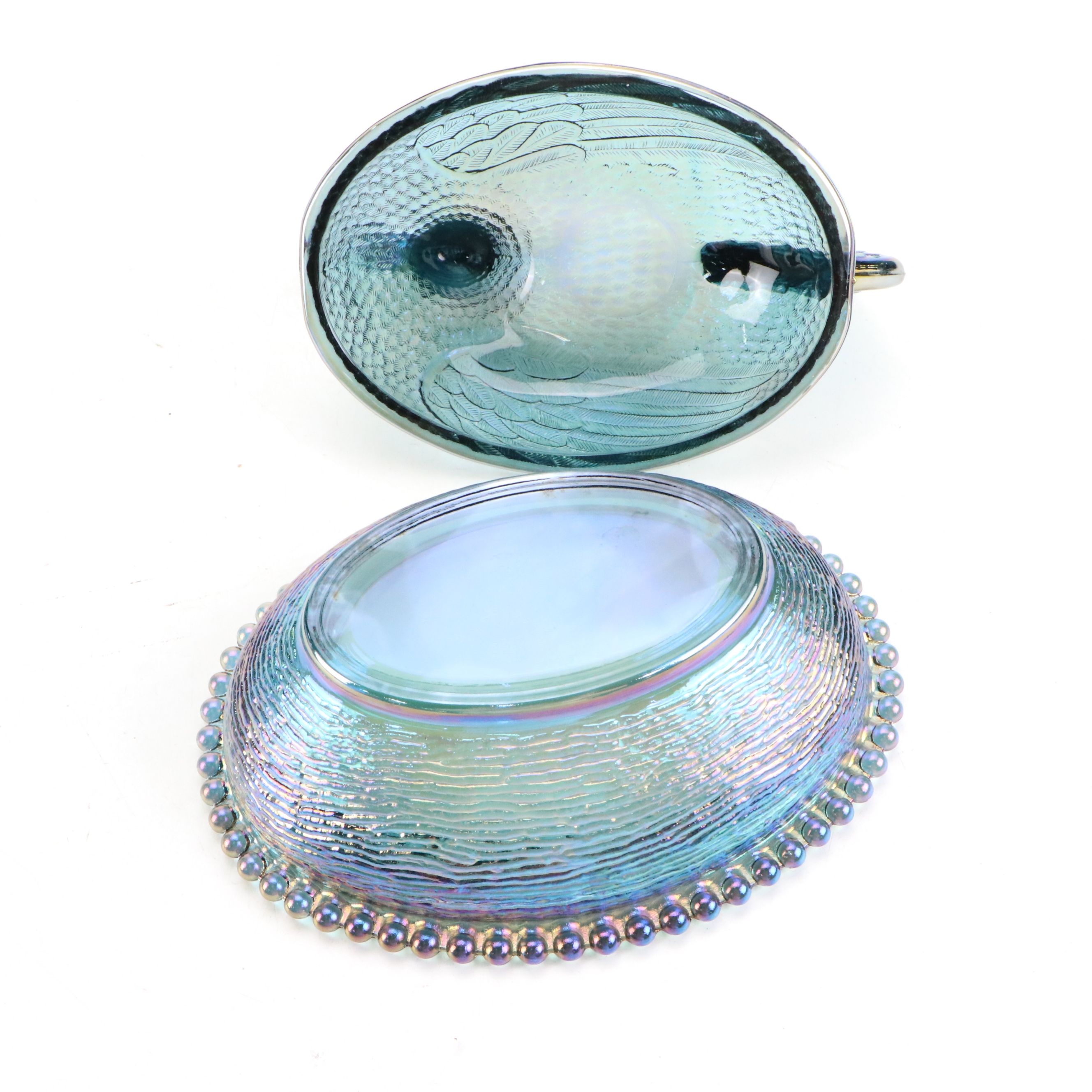 Colony "Harvest" Blue Carnival Glass Candlesticks with Hen on Nest and Bowl