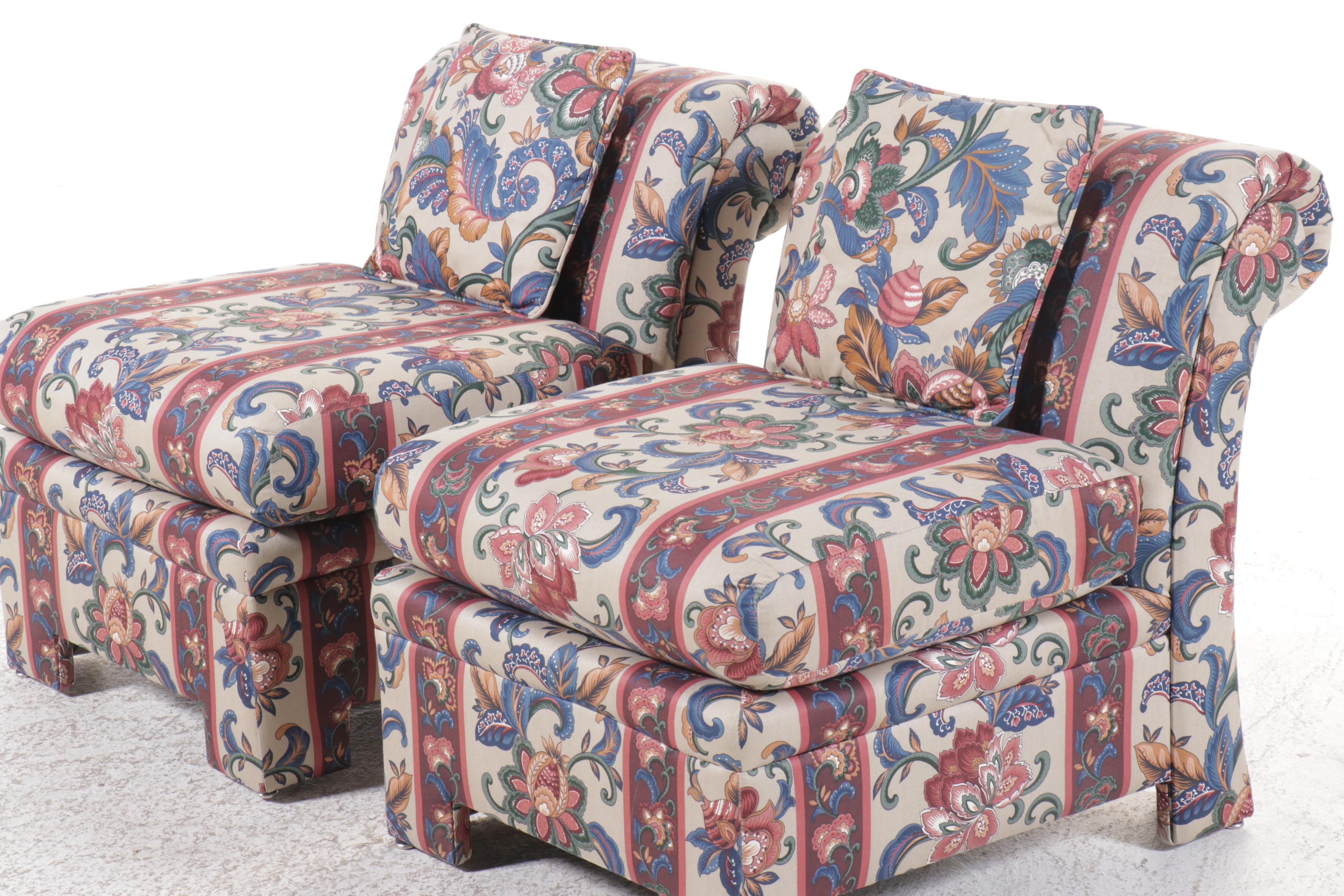 Pair of Art Deco Style Scrolled Back Upholstered Slipper Chairs