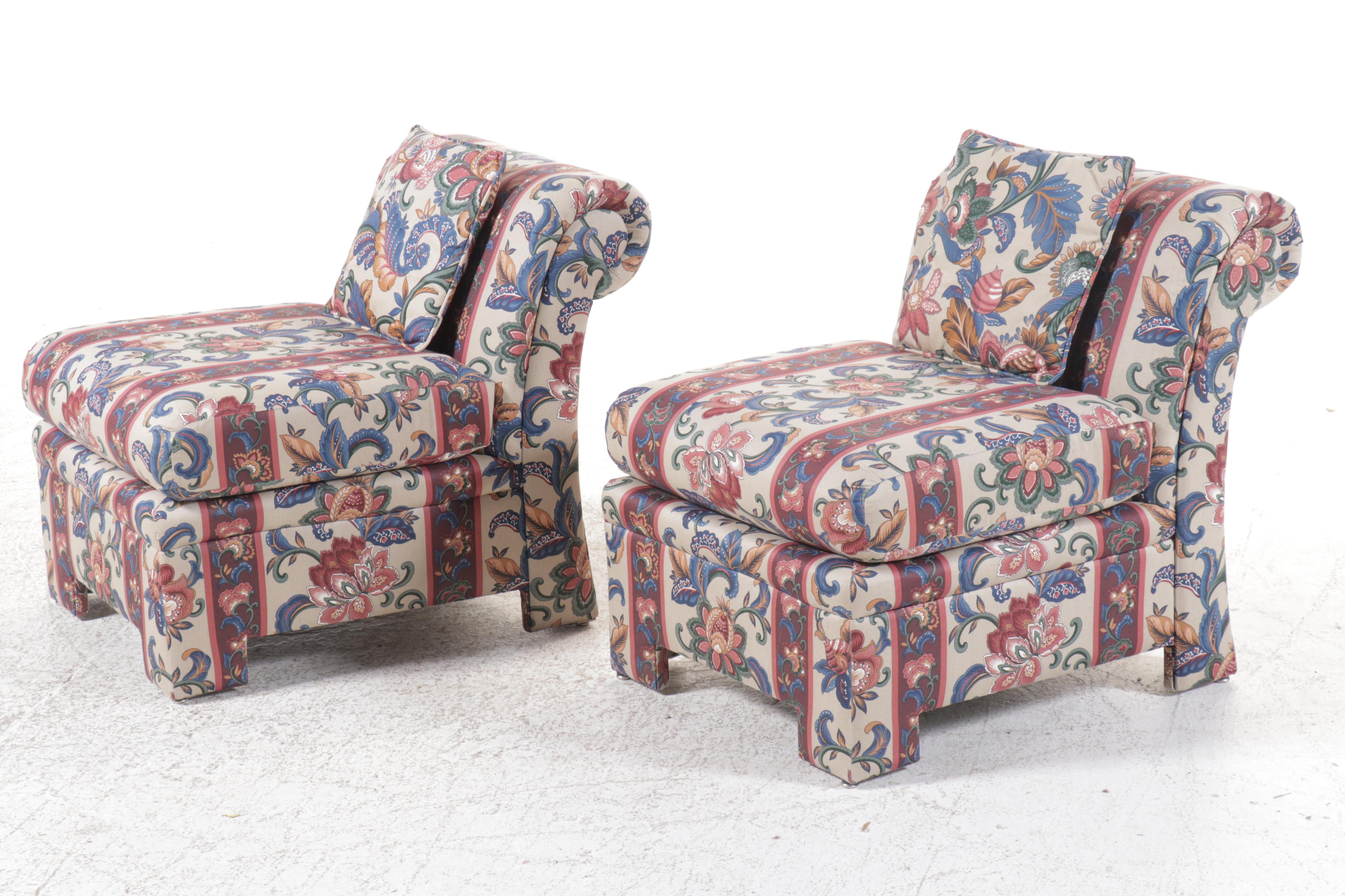 Pair of Art Deco Style Scrolled Back Upholstered Slipper Chairs