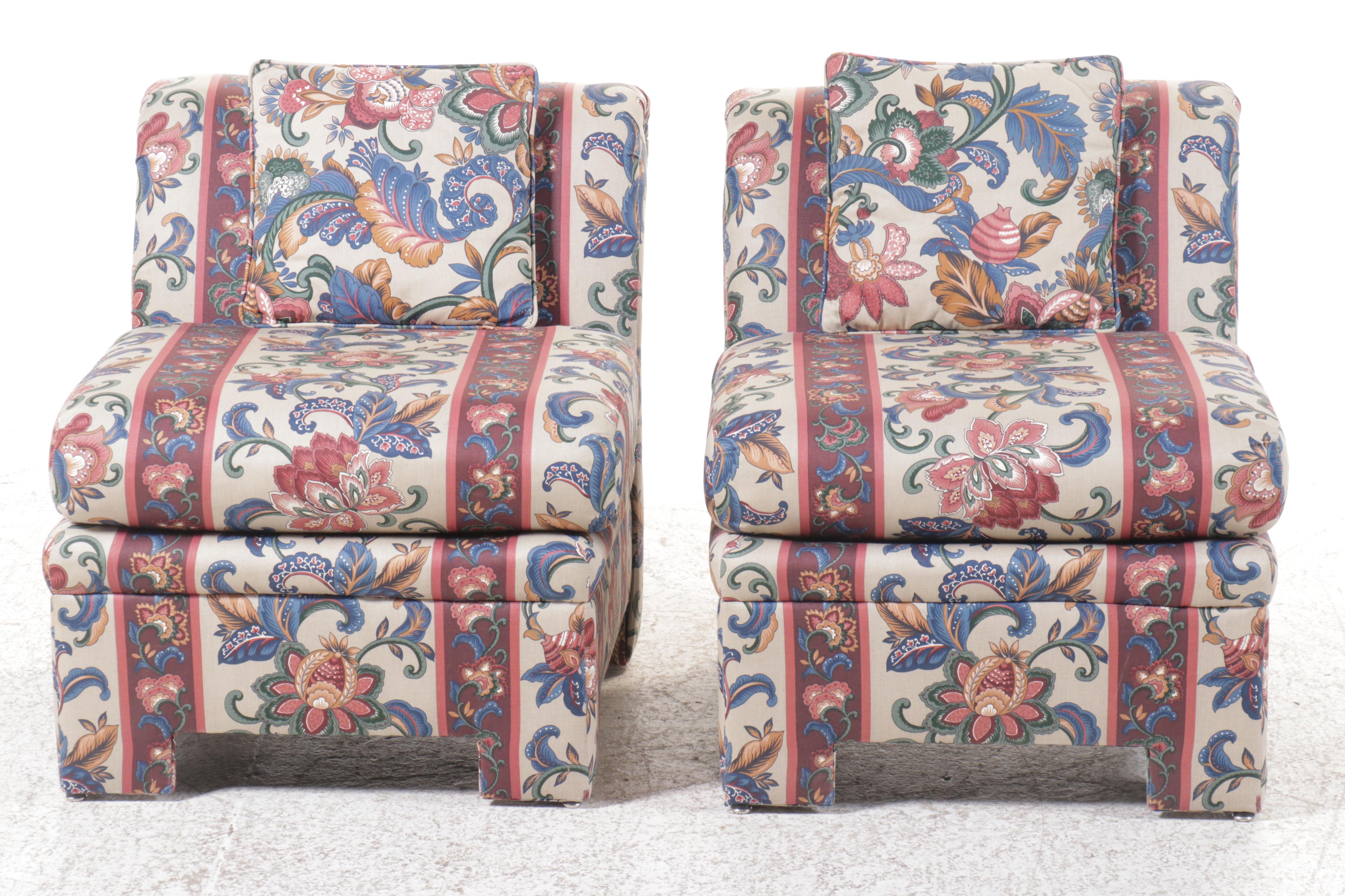 Pair of Art Deco Style Scrolled Back Upholstered Slipper Chairs