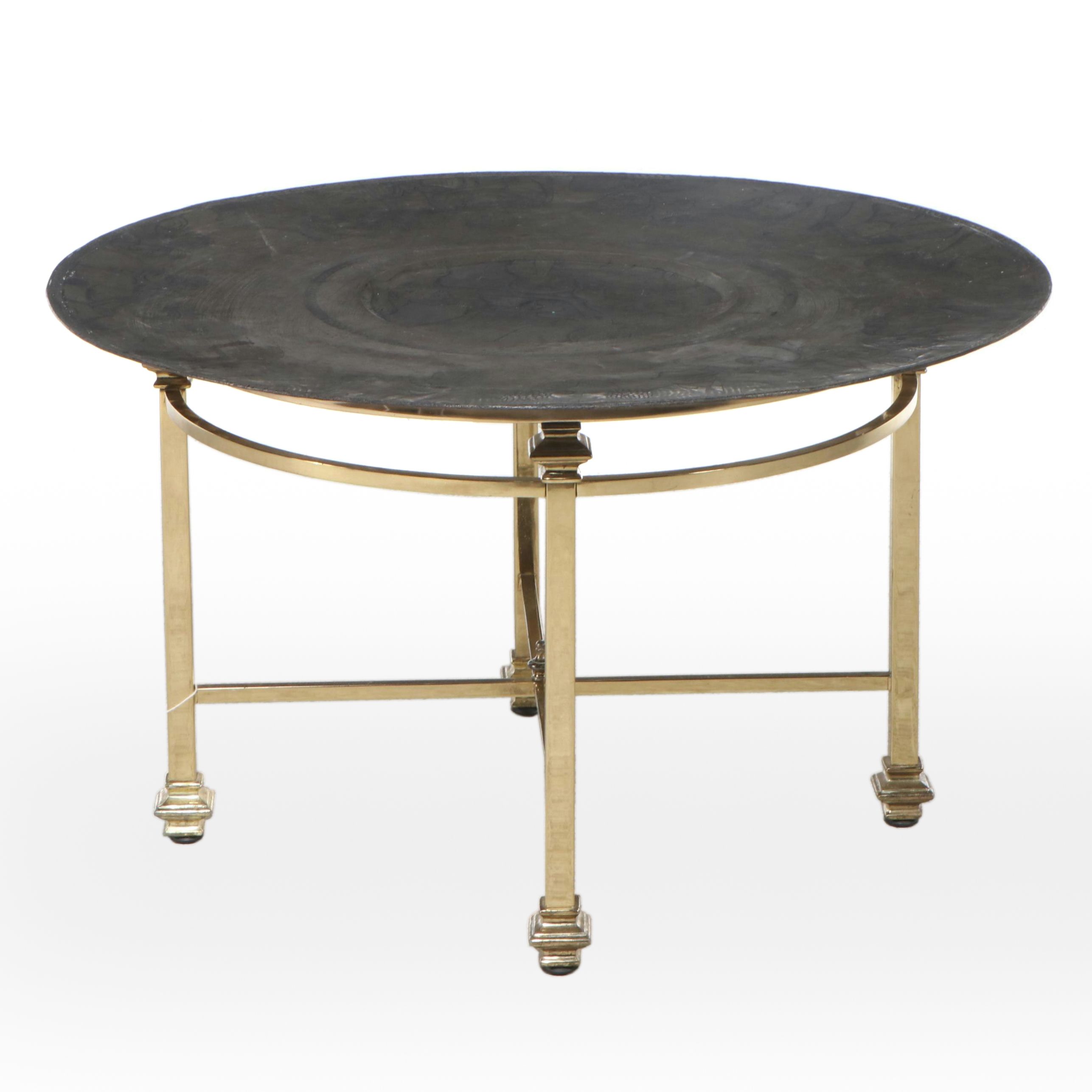 Persian Chased Metal Tray on Lacquered Brass Table Base
