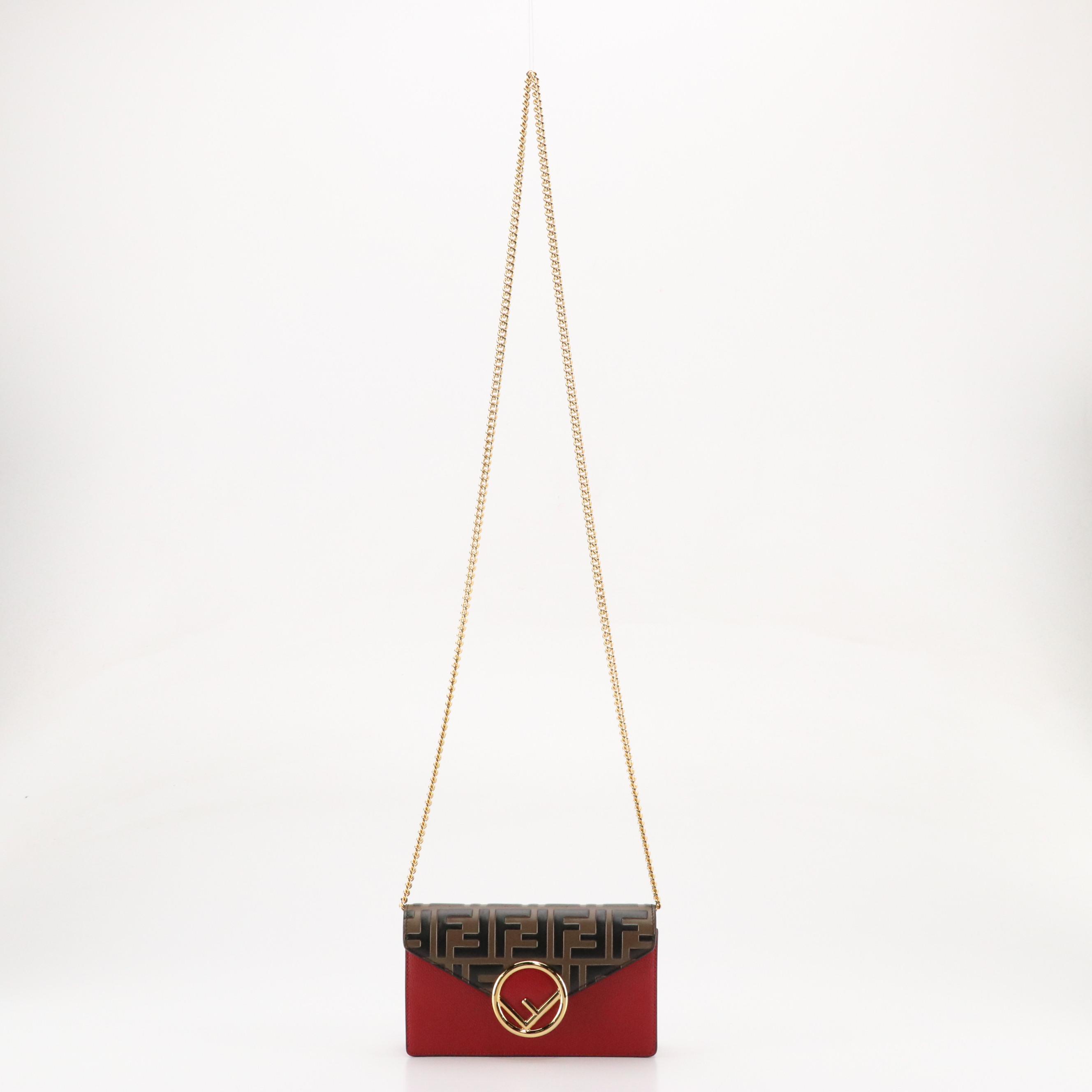 Fendi Cruise F Convertible Belt Bag in Zucca Embossed & Red Leather, With Box
