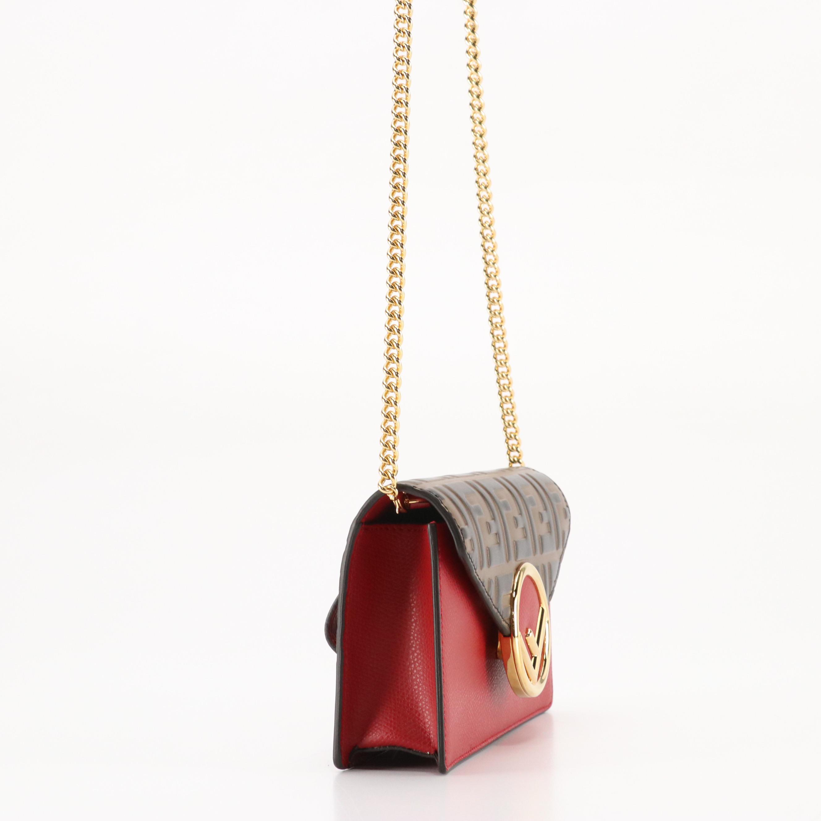 Fendi Cruise F Convertible Belt Bag in Zucca Embossed & Red Leather, With Box