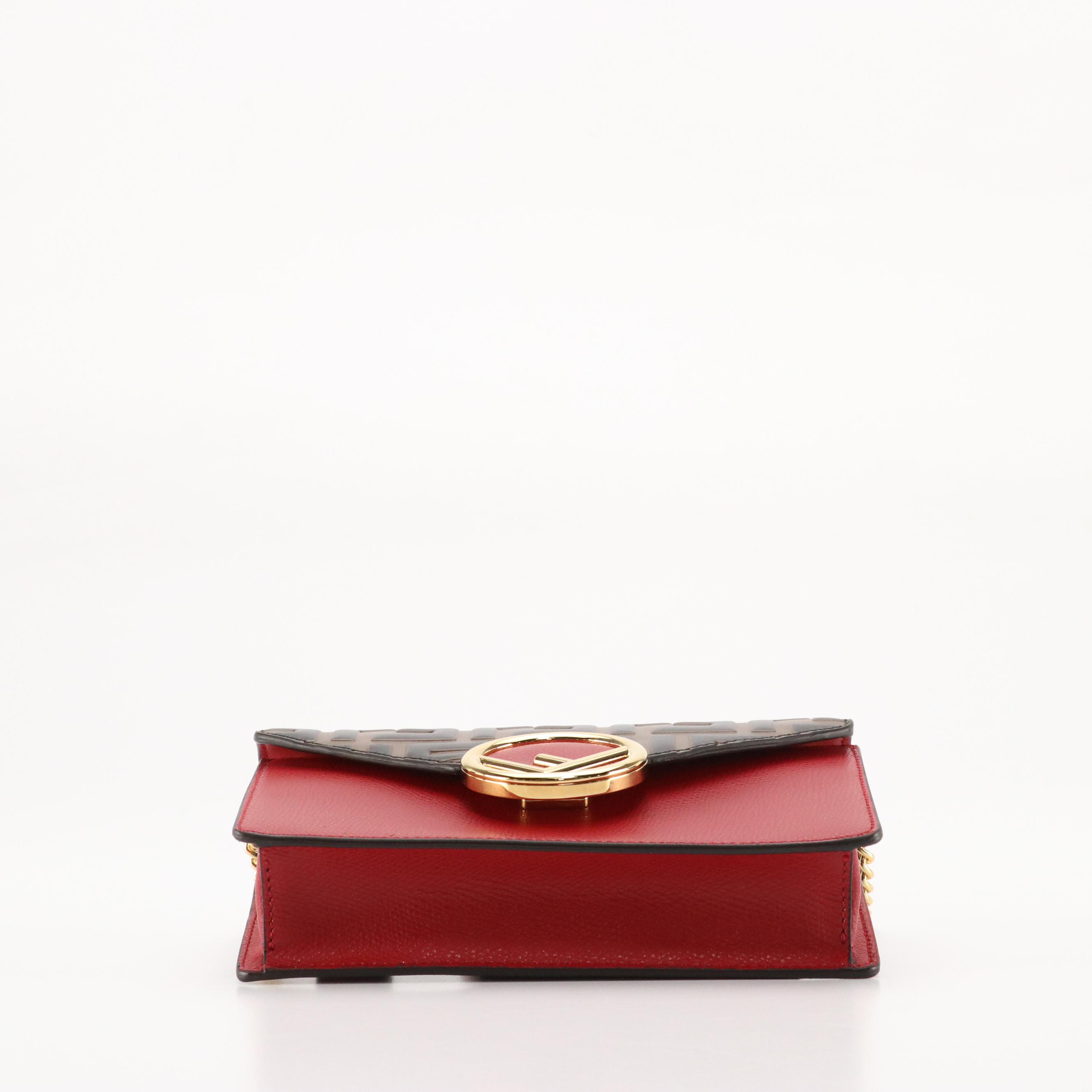 Fendi Cruise F Convertible Belt Bag in Zucca Embossed & Red Leather, With Box