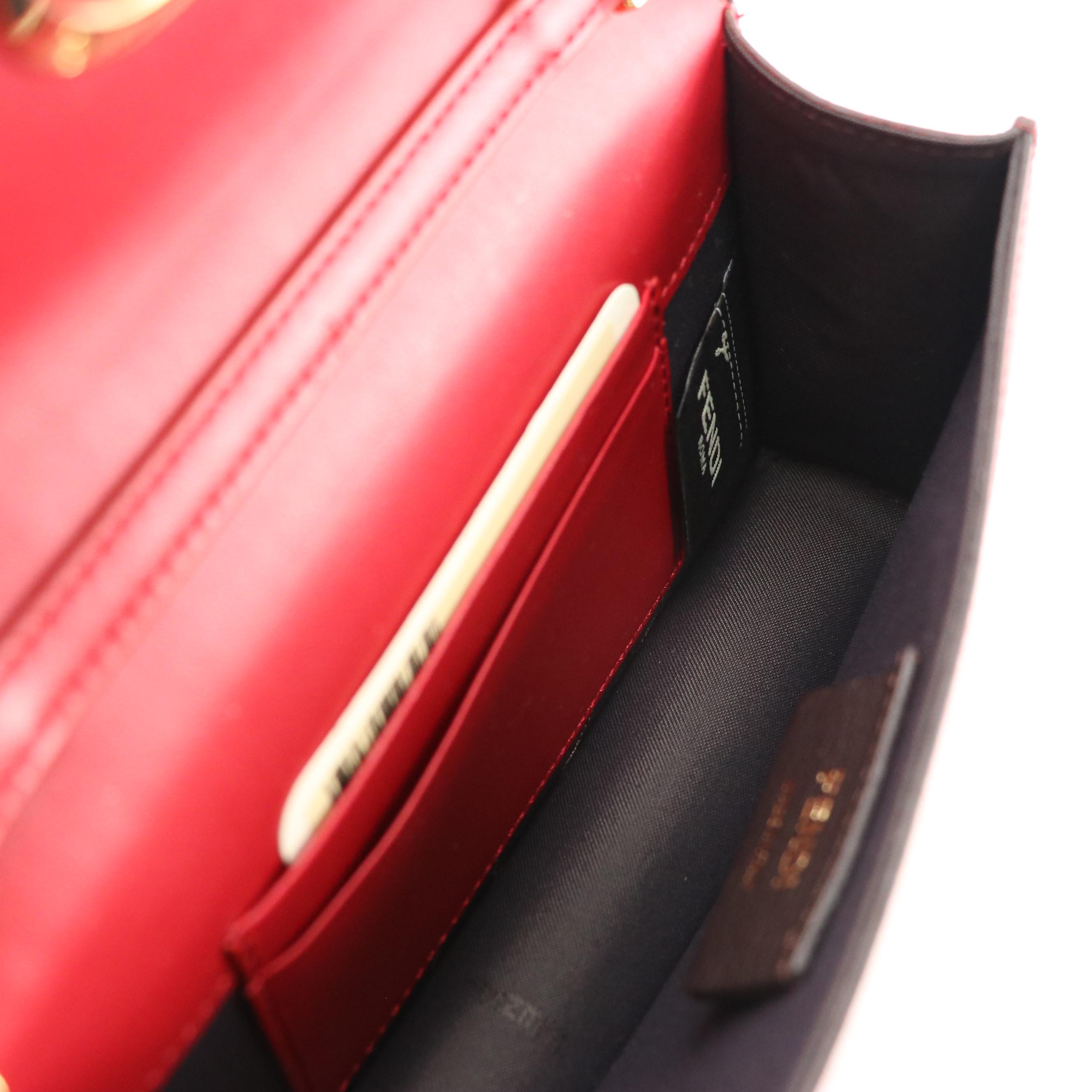 Fendi Cruise F Convertible Belt Bag in Zucca Embossed & Red Leather, With Box