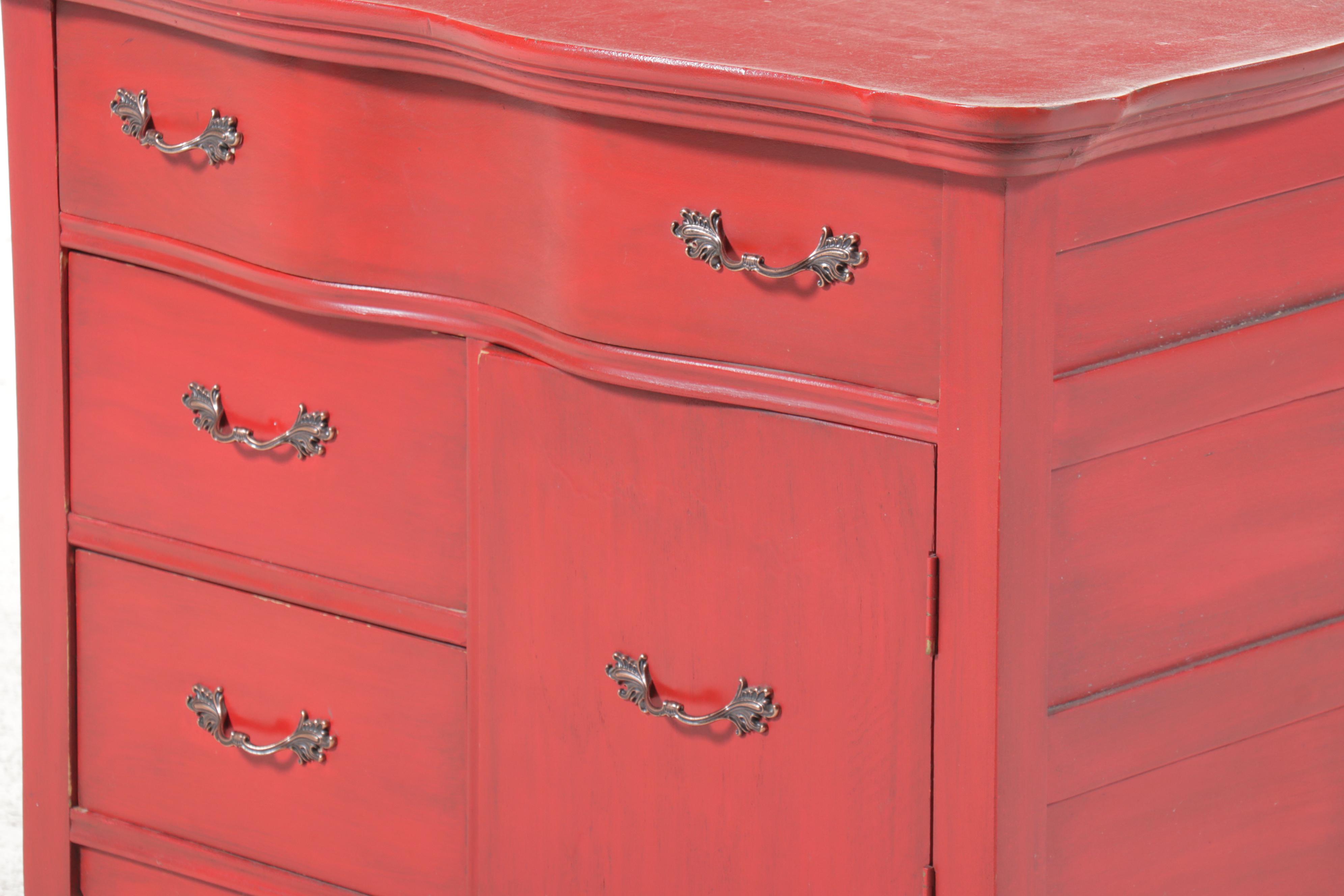Red-Painted Dresser with Acanthus Leaf Handles