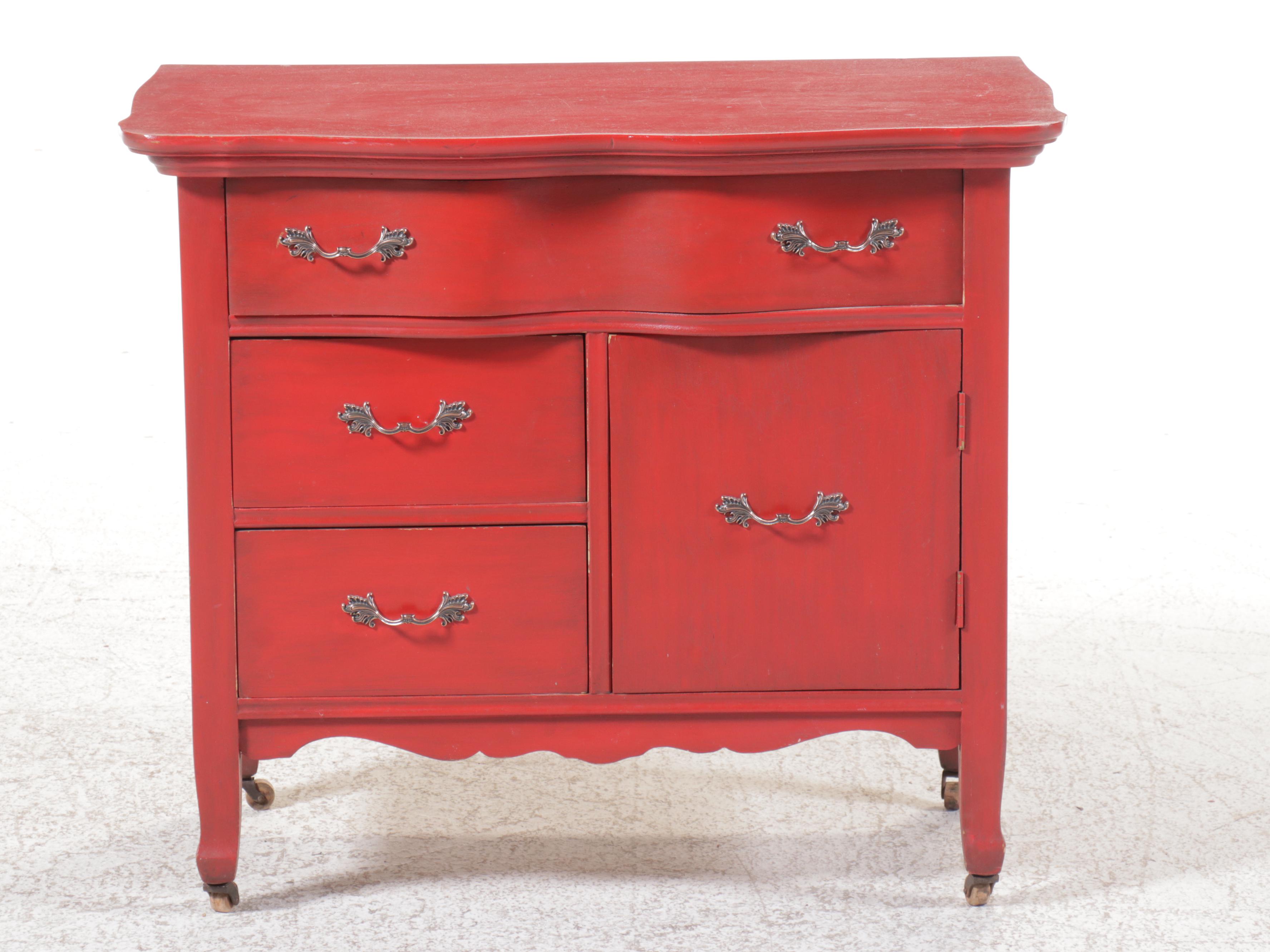 Red-Painted Dresser with Acanthus Leaf Handles