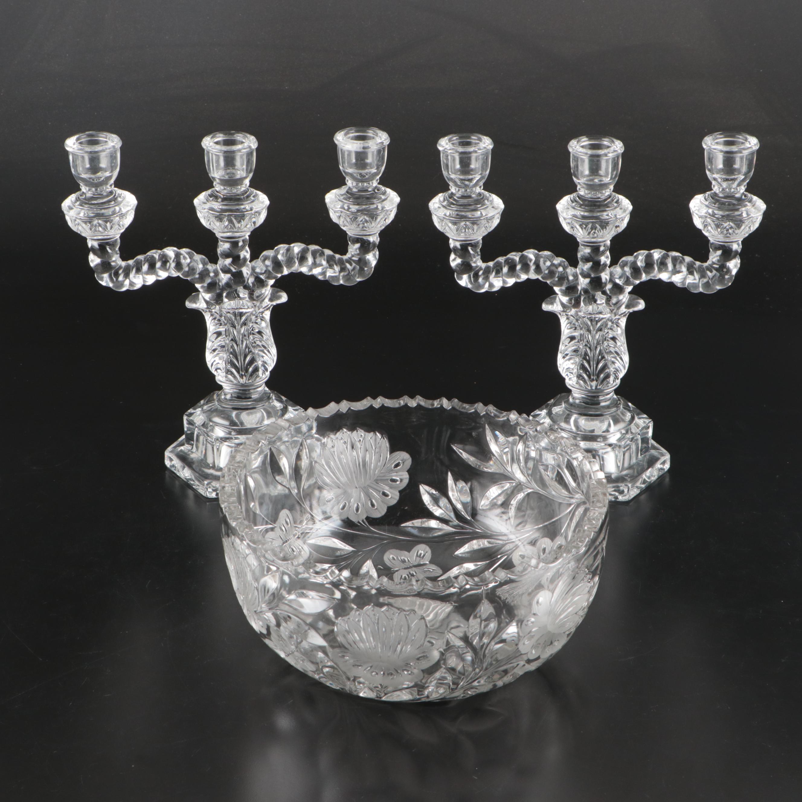 Floral Etched Crystal Decorative Bowl with Candelabrum