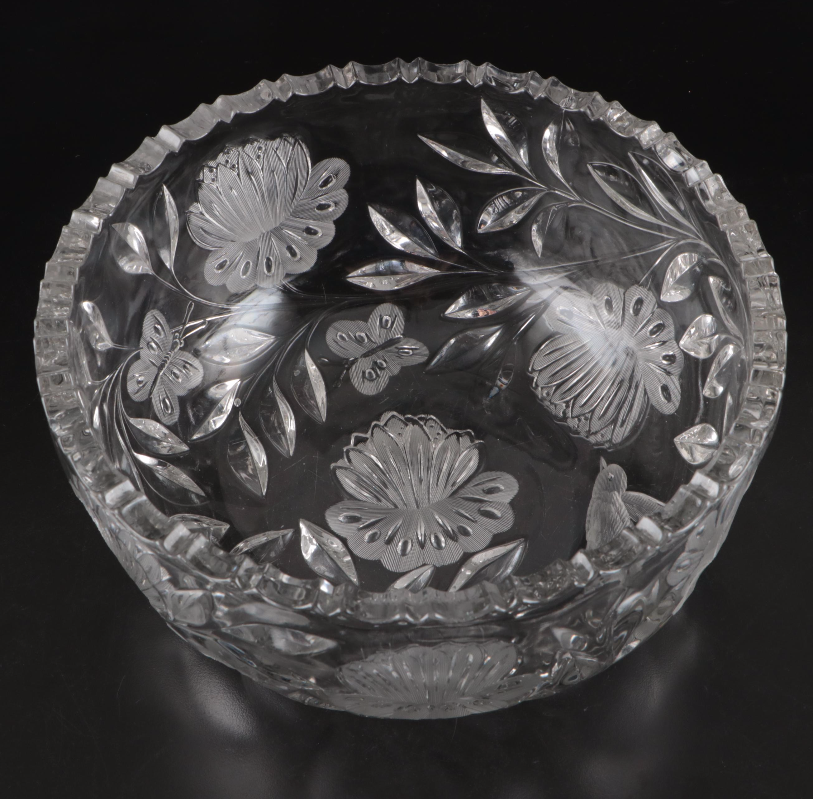 Floral Etched Crystal Decorative Bowl with Candelabrum