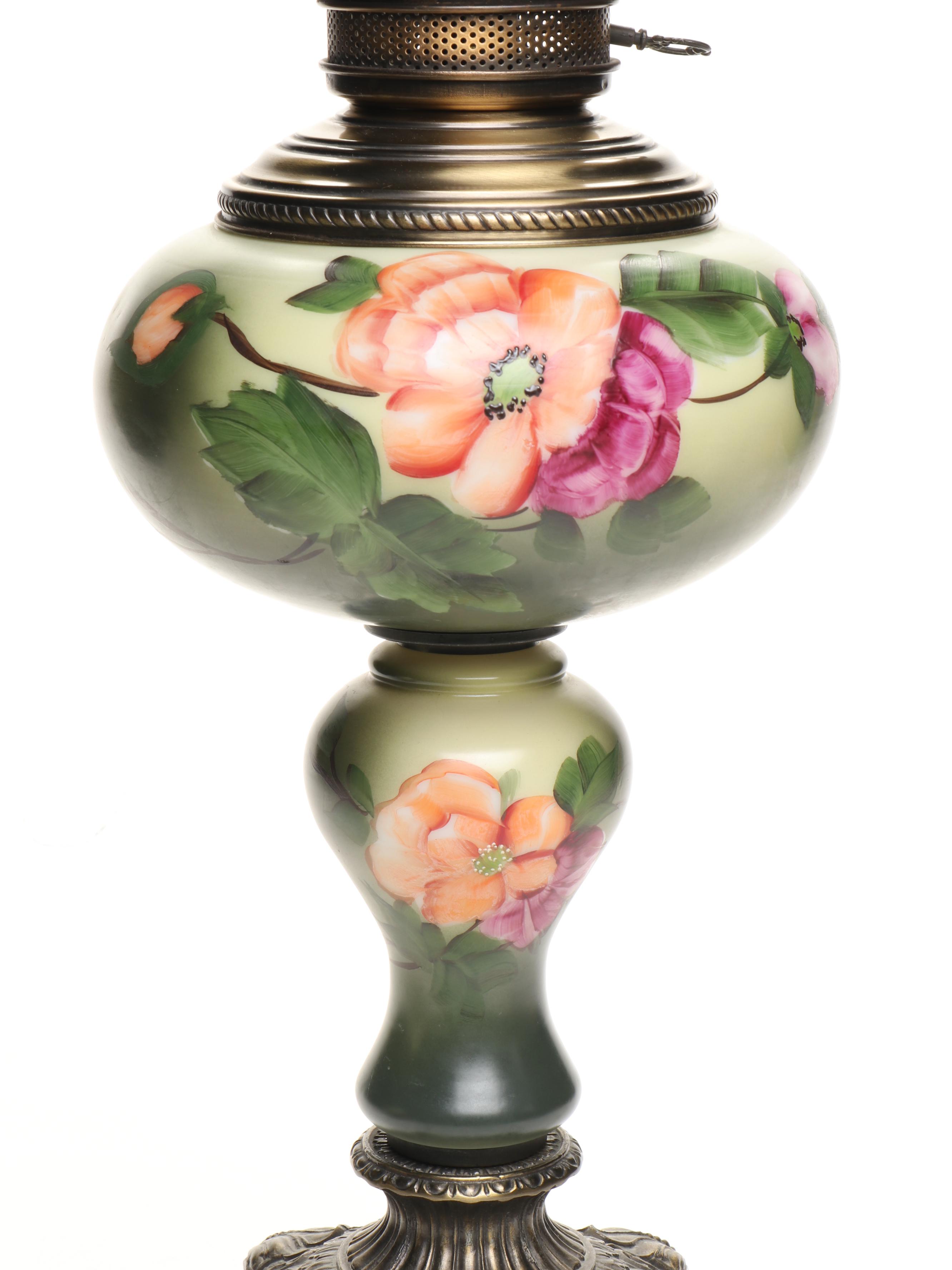 Loevsky & Loevsky Spelter and Hand-Painted Milk Glass Parlor Lamp, Mid-20th C.