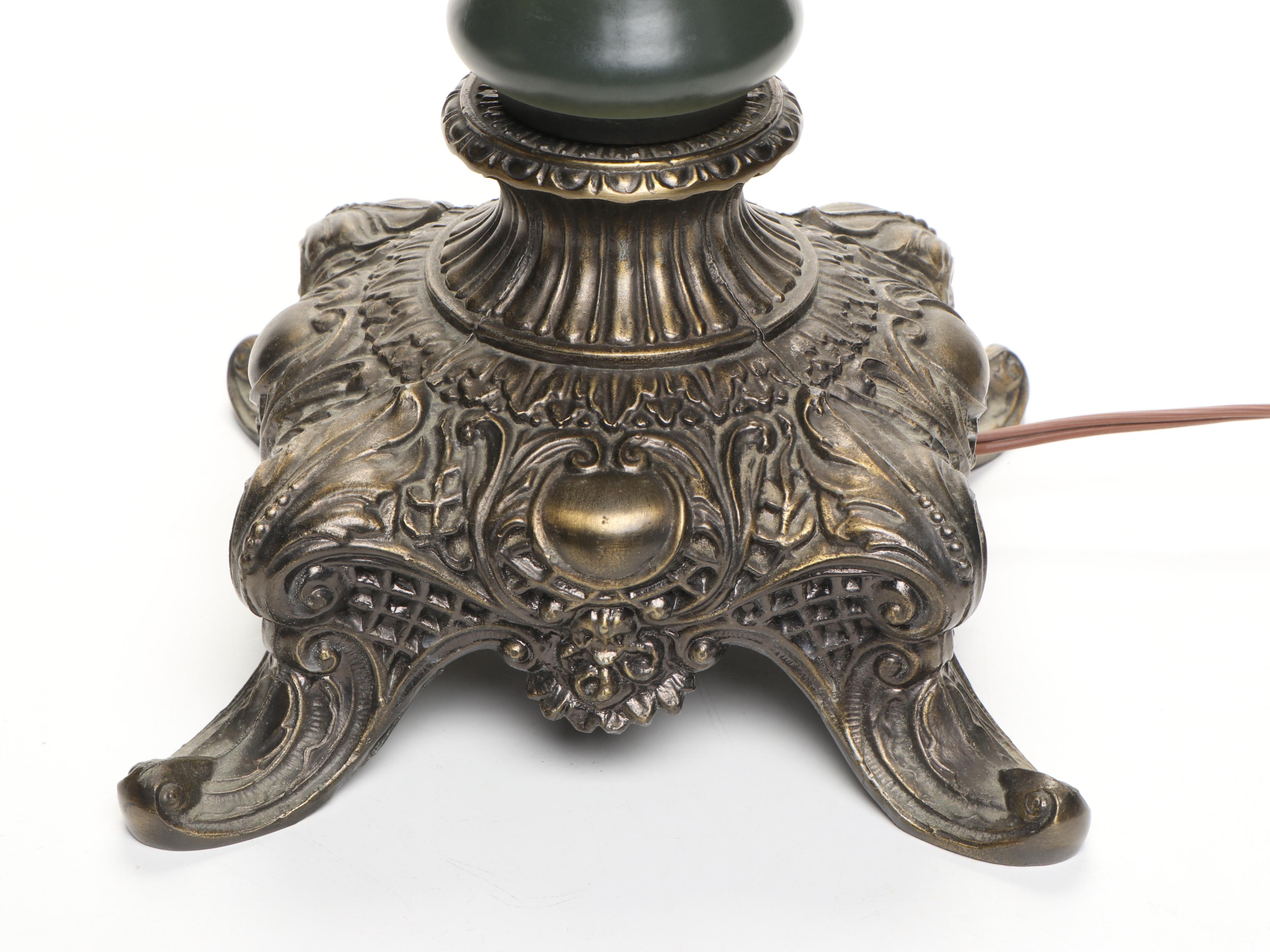 Loevsky & Loevsky Spelter and Hand-Painted Milk Glass Parlor Lamp, Mid-20th C.