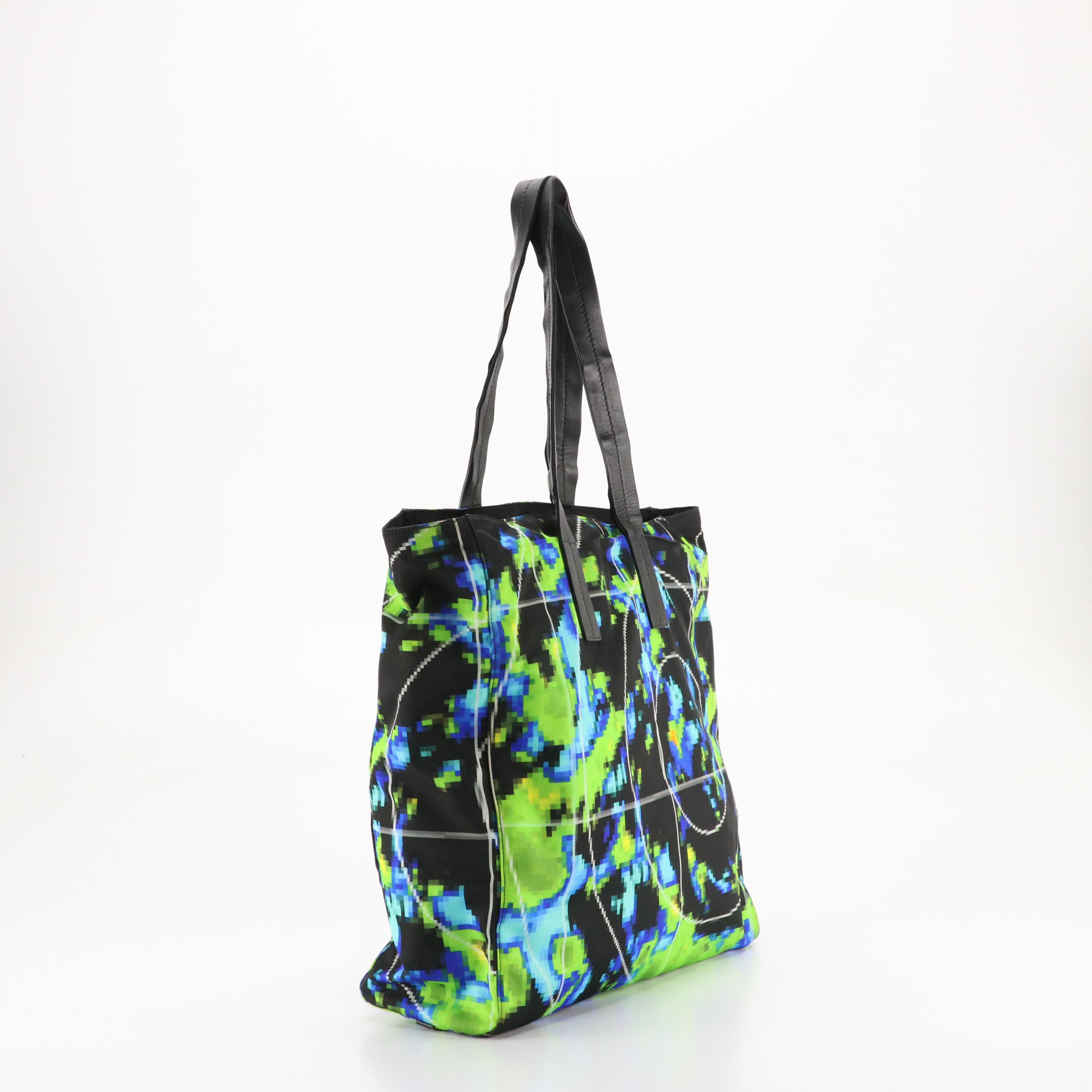 Prada Radar Printed Tessuto Nylon Tote Bag with Black Leather Trim