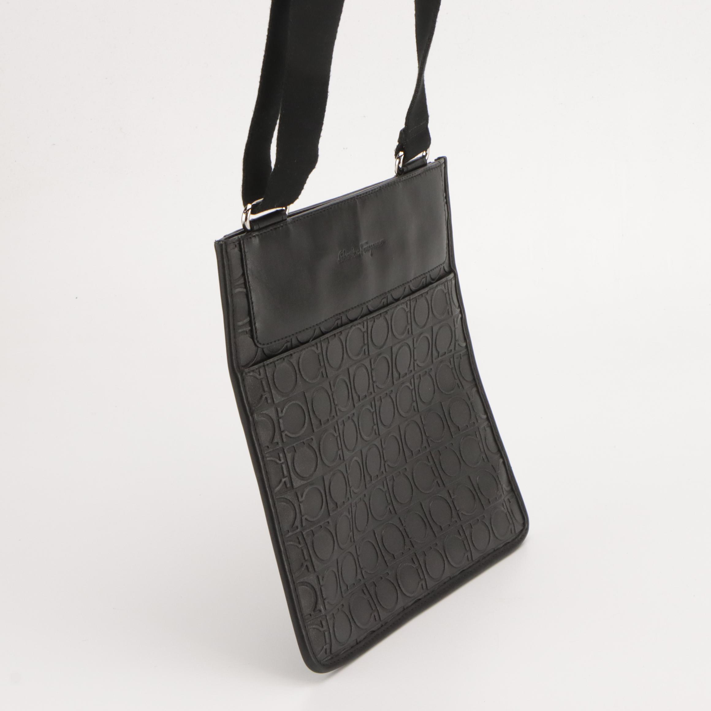 Salvatore Ferragamo Flat Crossbody Bag in Gancini Embossed Leather