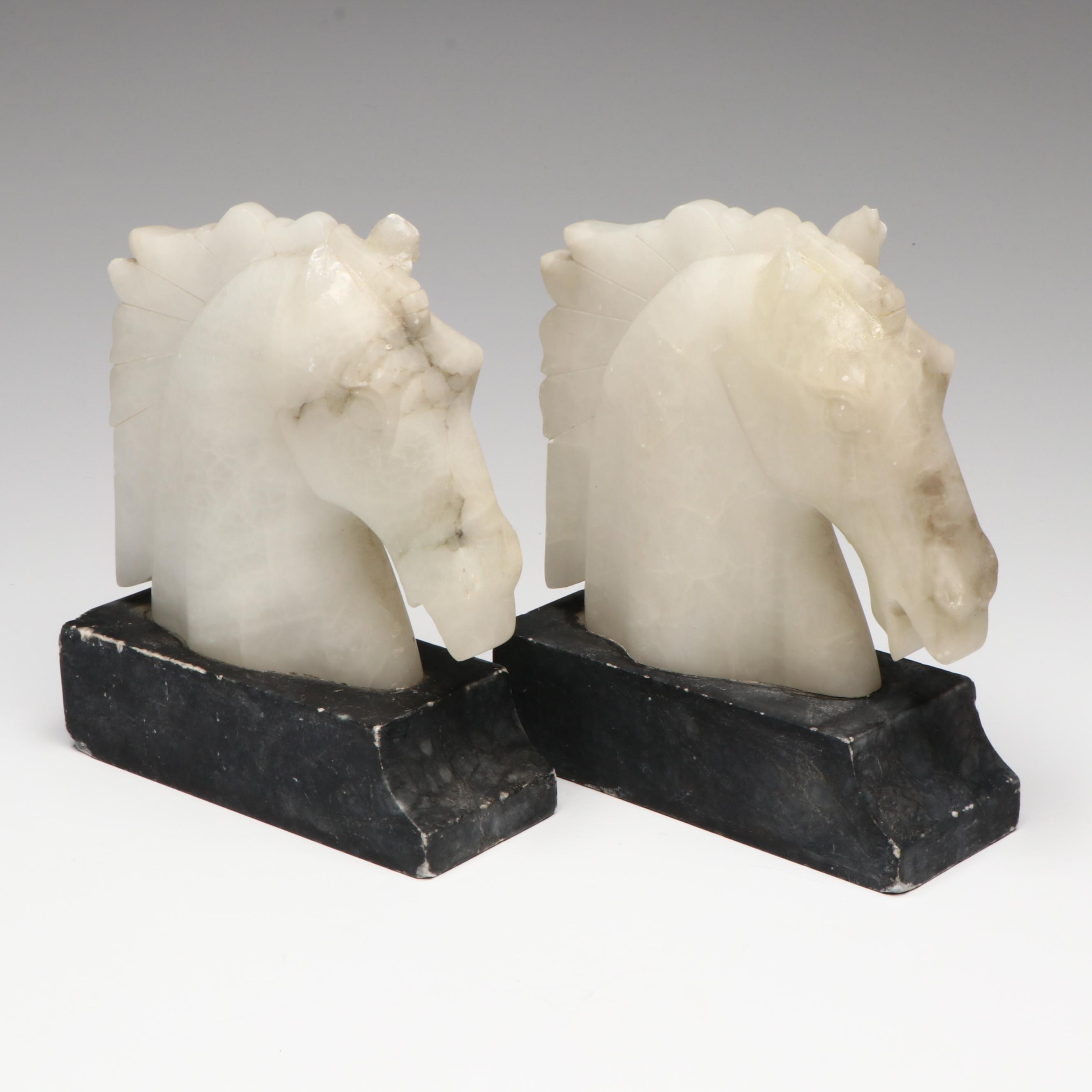 Hand-Carved Alabaster Horse Head Bookends on Marble, Mid to Late 20th Century