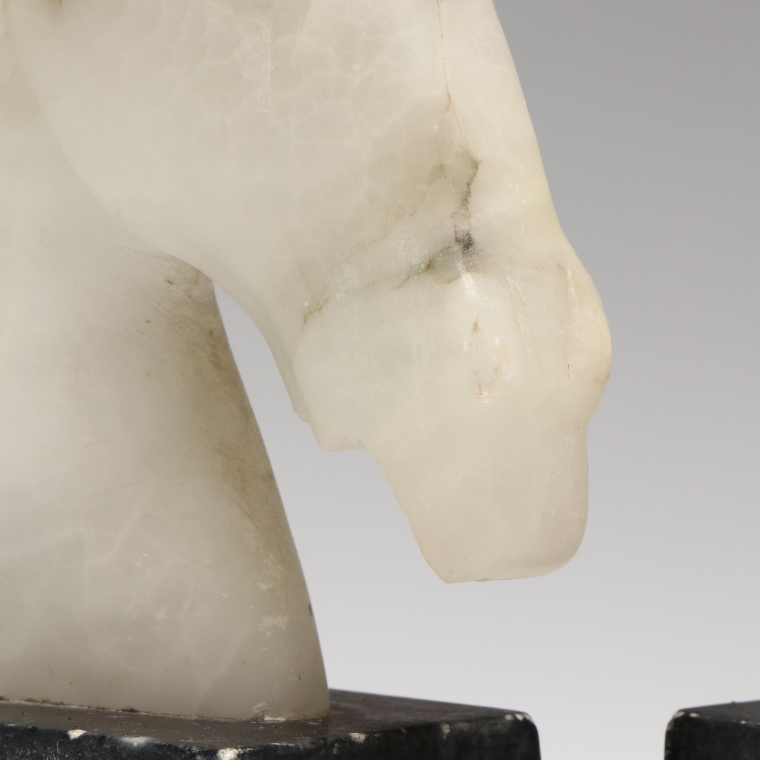 Hand-Carved Alabaster Horse Head Bookends on Marble, Mid to Late 20th Century