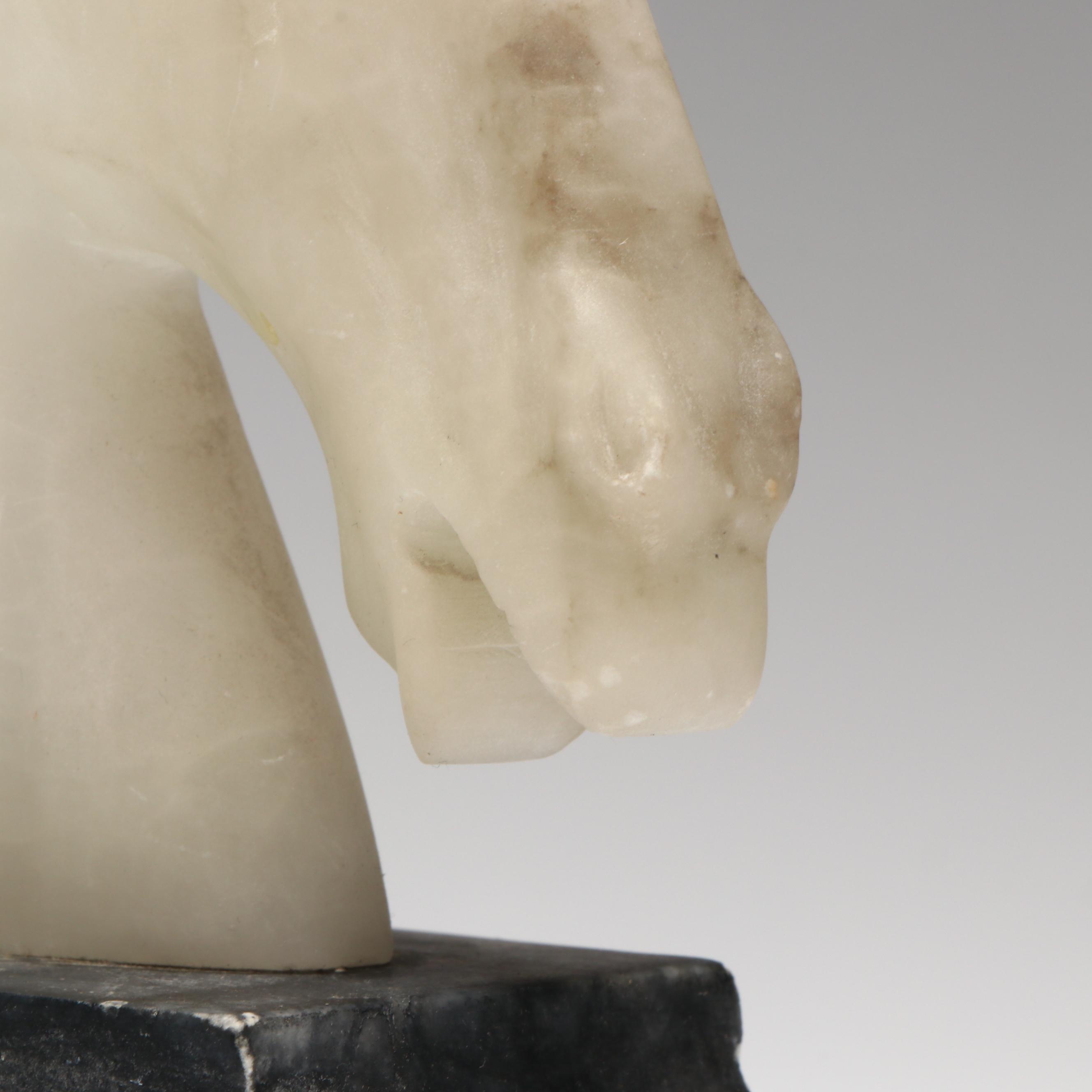 Hand-Carved Alabaster Horse Head Bookends on Marble, Mid to Late 20th Century