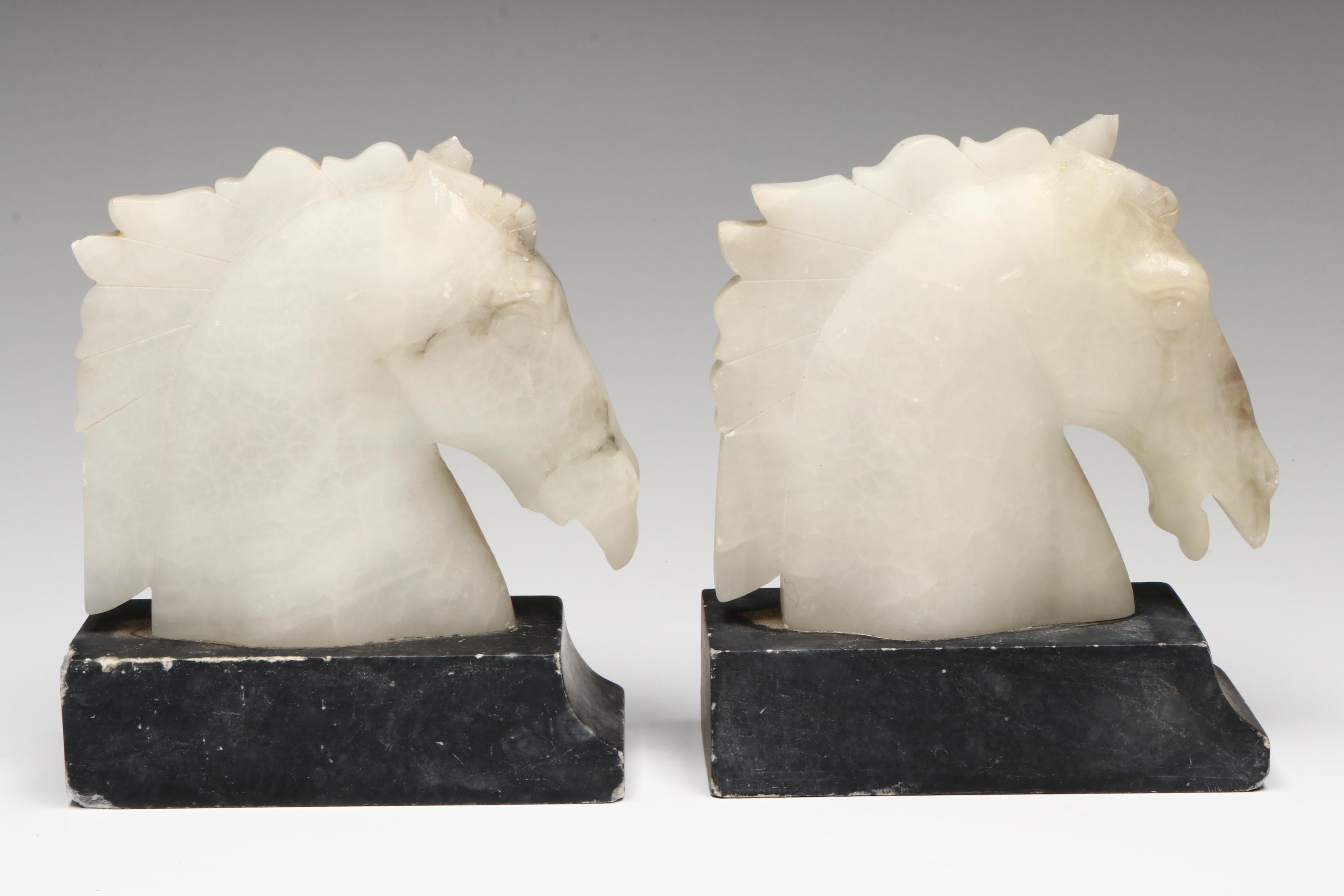 Hand-Carved Alabaster Horse Head Bookends on Marble, Mid to Late 20th Century