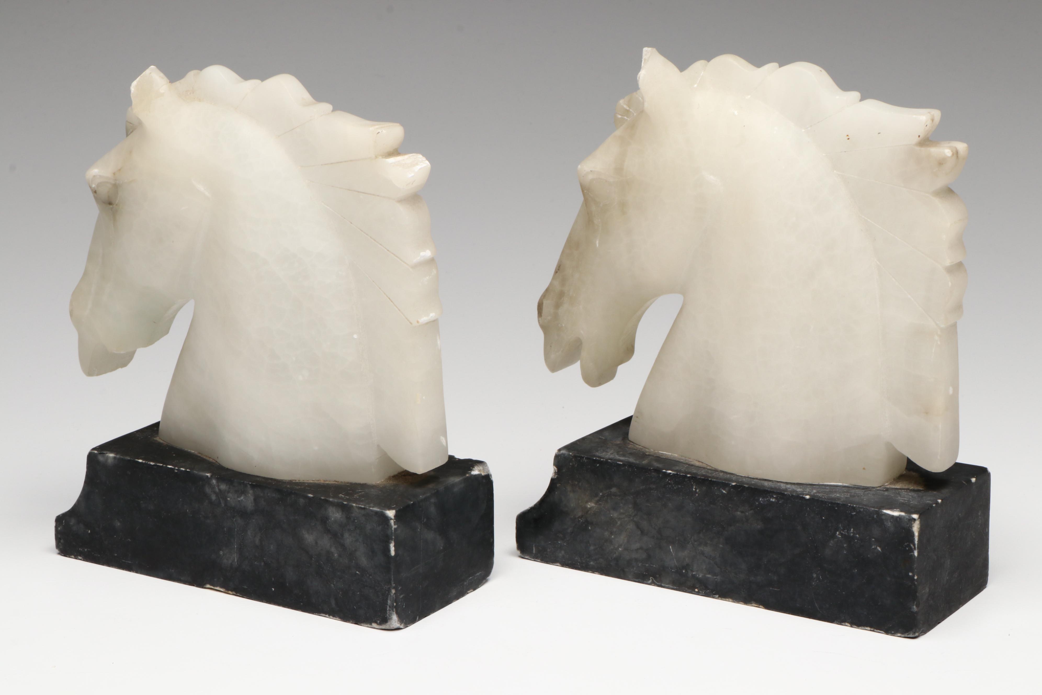 Hand-Carved Alabaster Horse Head Bookends on Marble, Mid to Late 20th Century