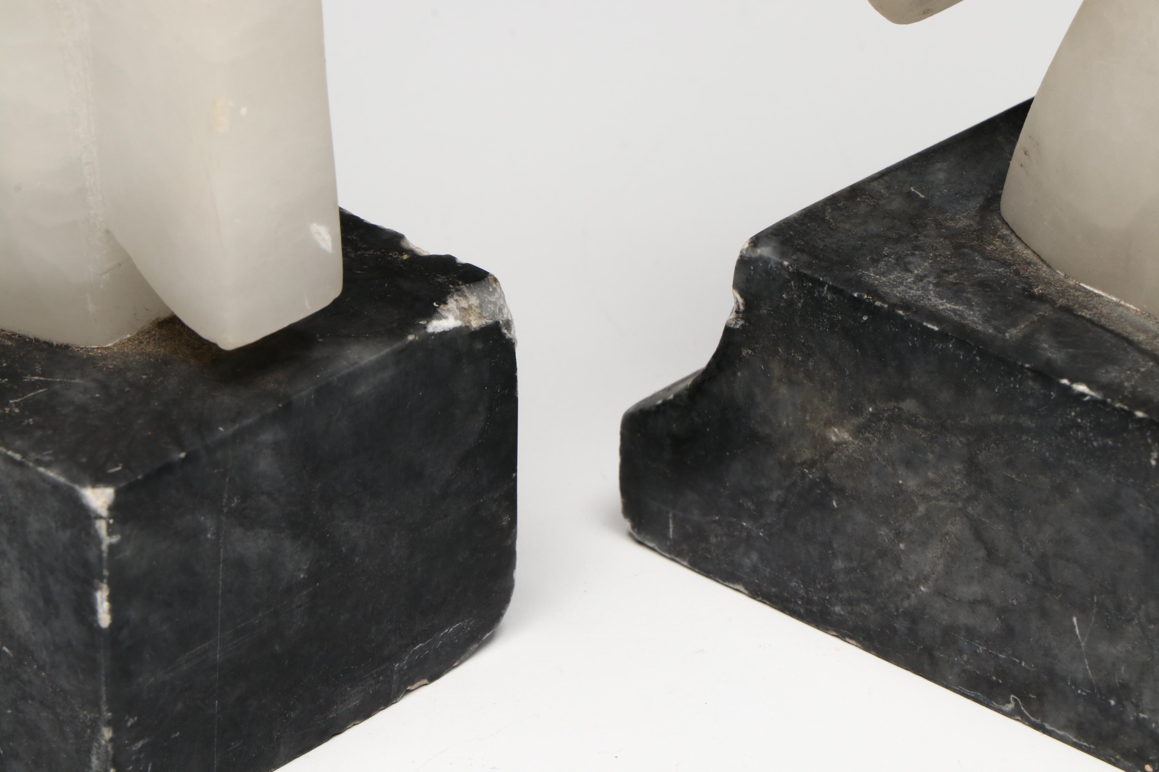 Hand-Carved Alabaster Horse Head Bookends on Marble, Mid to Late 20th Century
