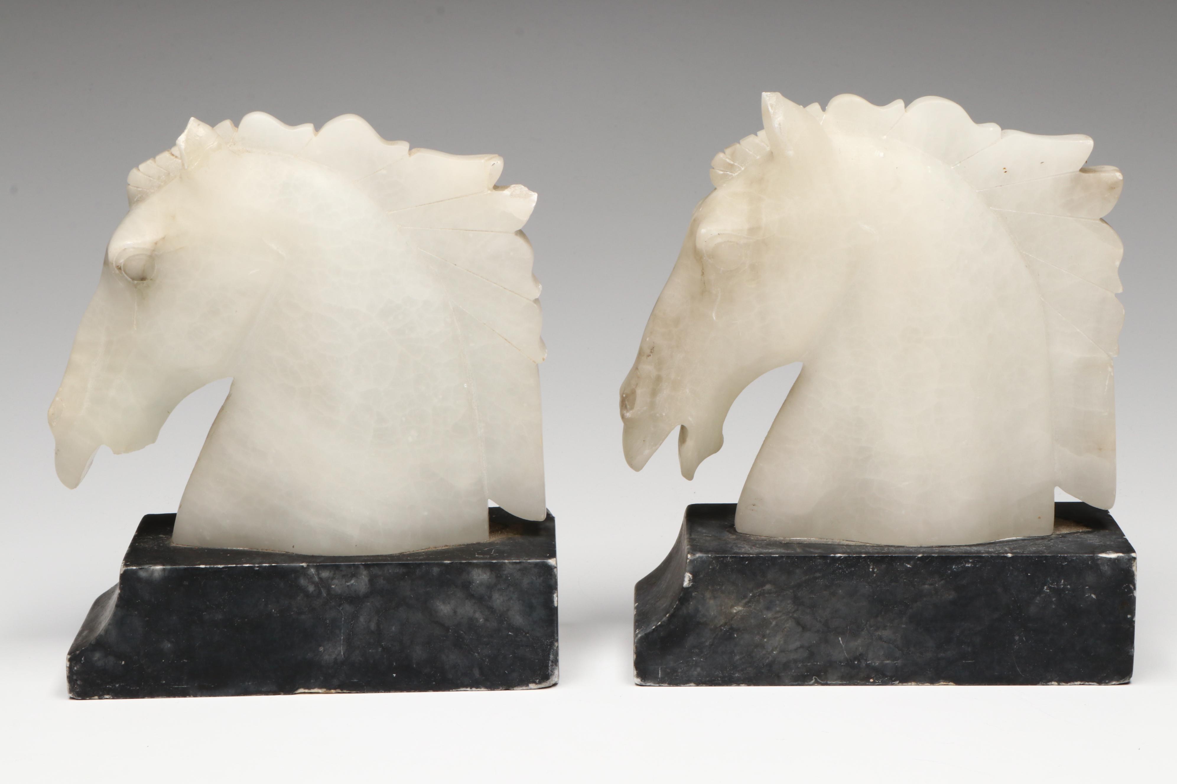 Hand-Carved Alabaster Horse Head Bookends on Marble, Mid to Late 20th Century