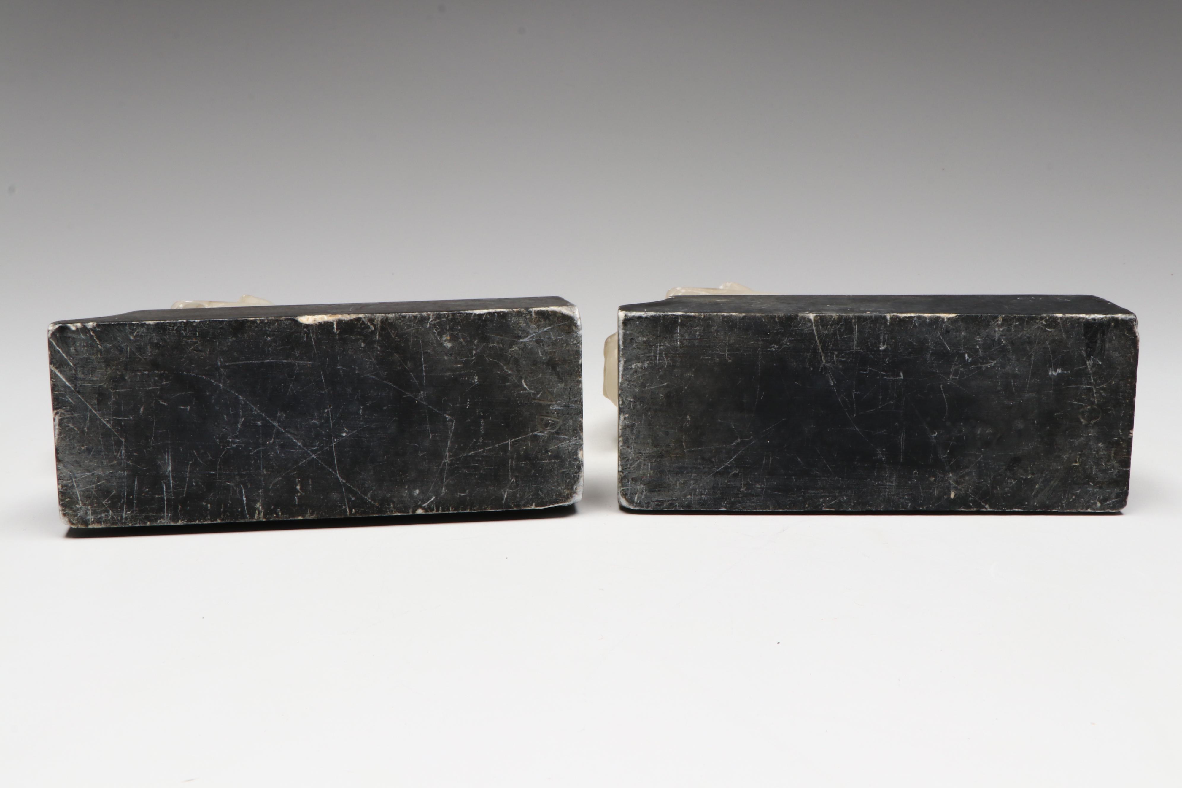 Hand-Carved Alabaster Horse Head Bookends on Marble, Mid to Late 20th Century