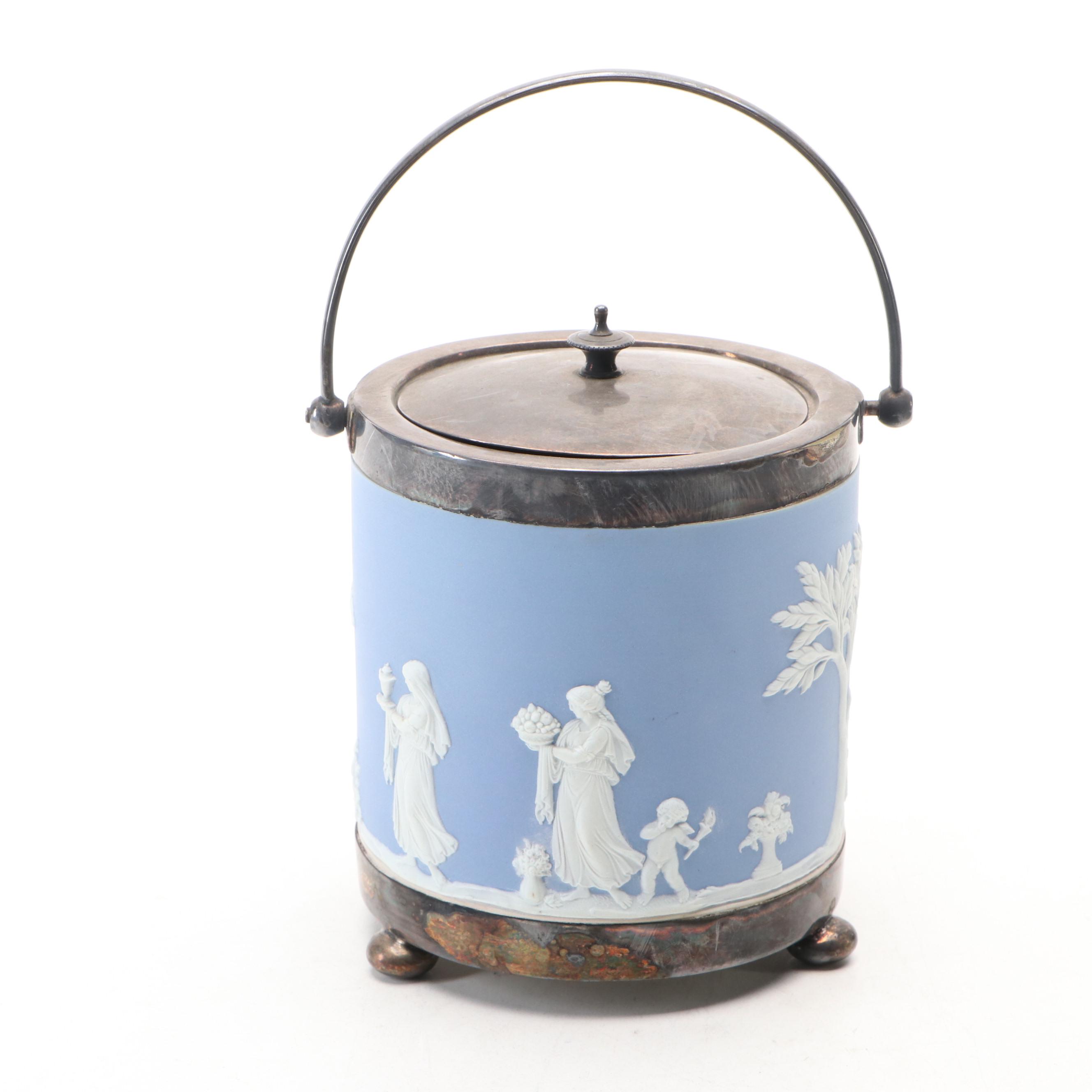 Wedgwood Jasperware and Silver Plate Biscuit Barrel with Other Tableware