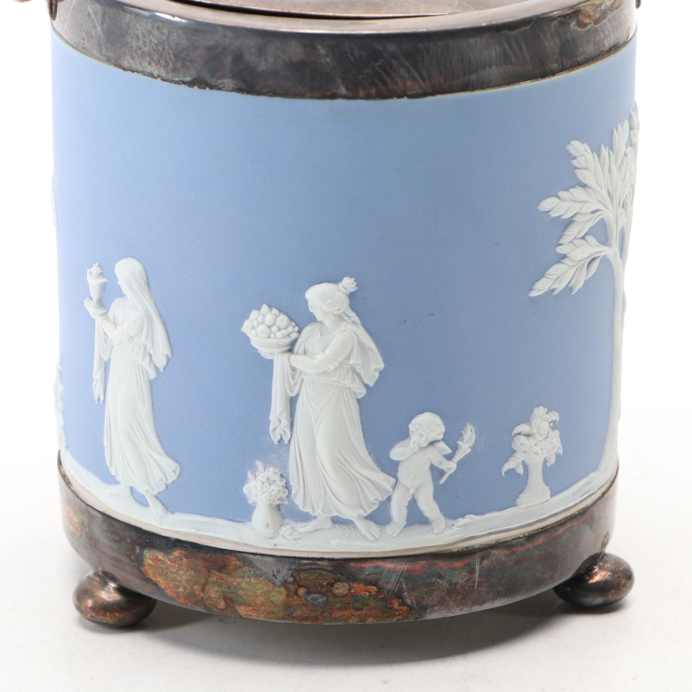 Wedgwood Jasperware and Silver Plate Biscuit Barrel with Other Tableware