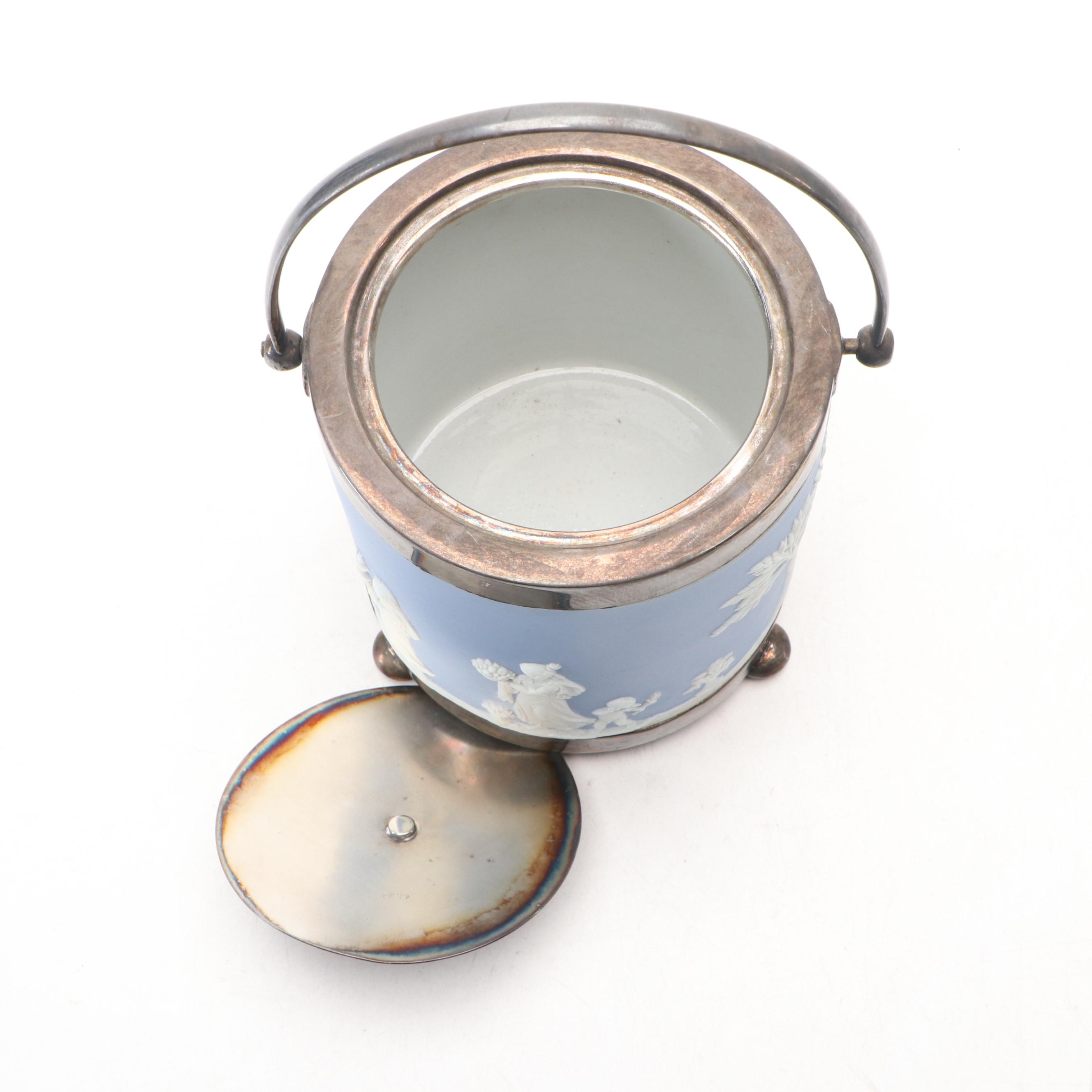 Wedgwood Jasperware and Silver Plate Biscuit Barrel with Other Tableware