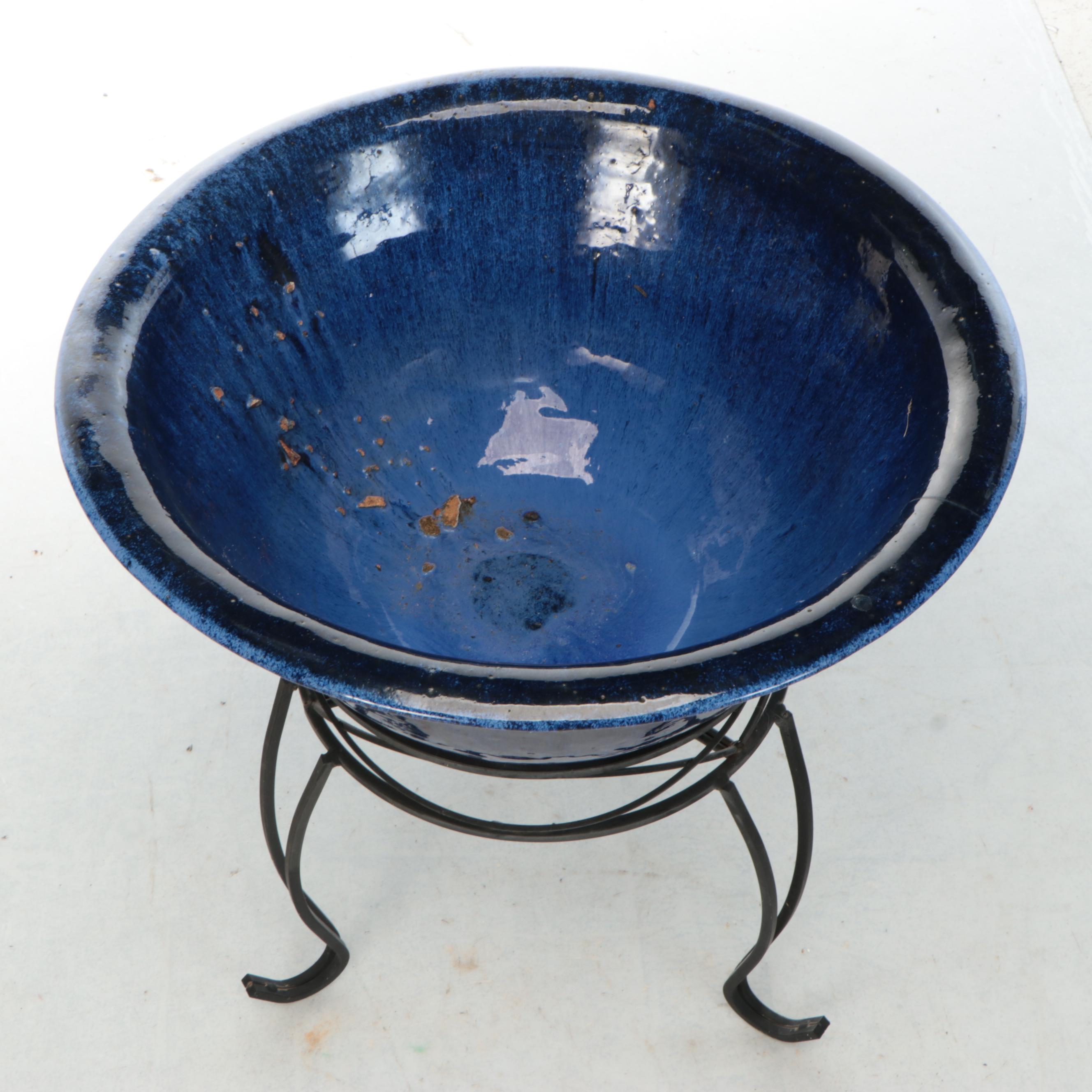 Cobalt Drip Glaze Terracotta Vessel with Wrought Iron Stand