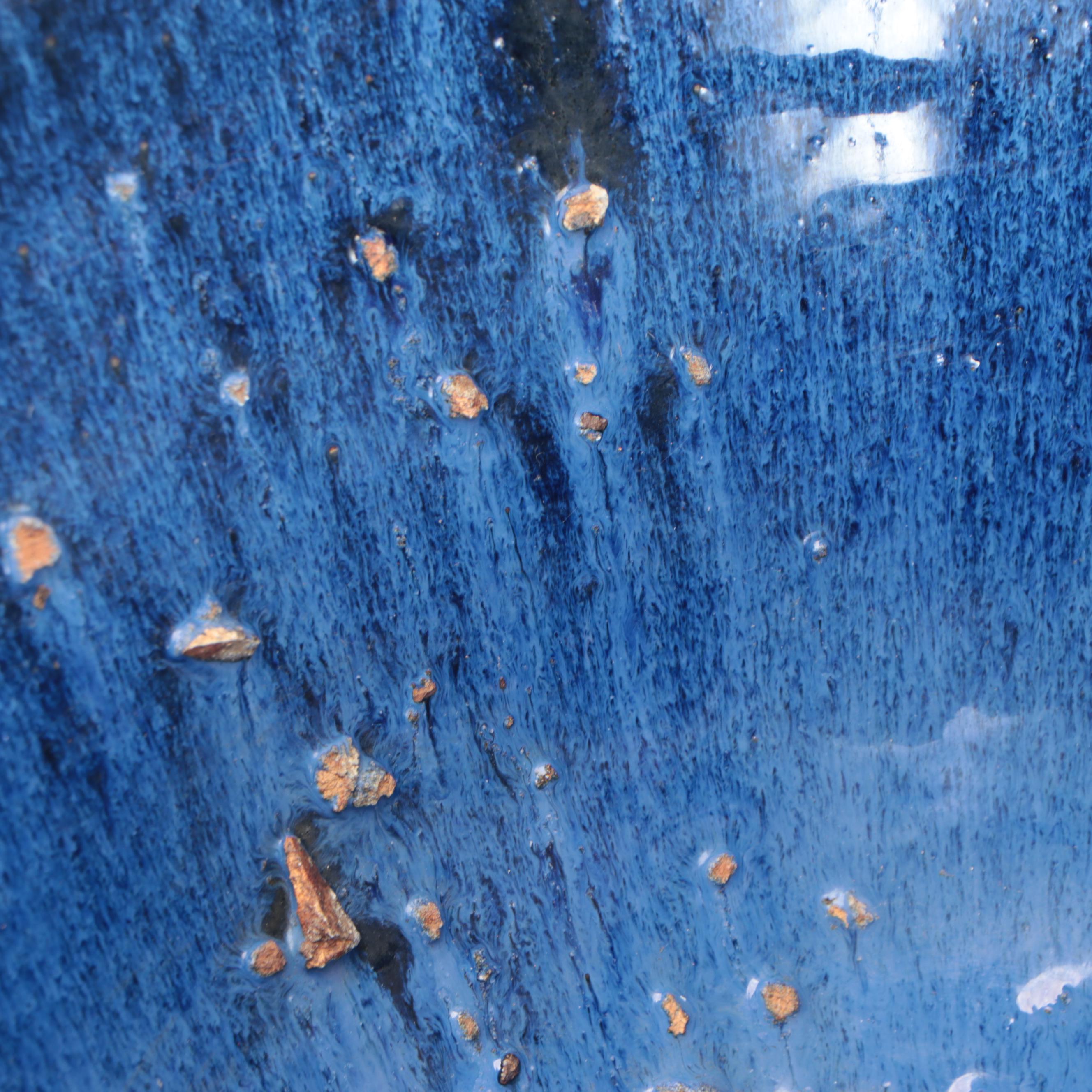 Cobalt Drip Glaze Terracotta Vessel with Wrought Iron Stand