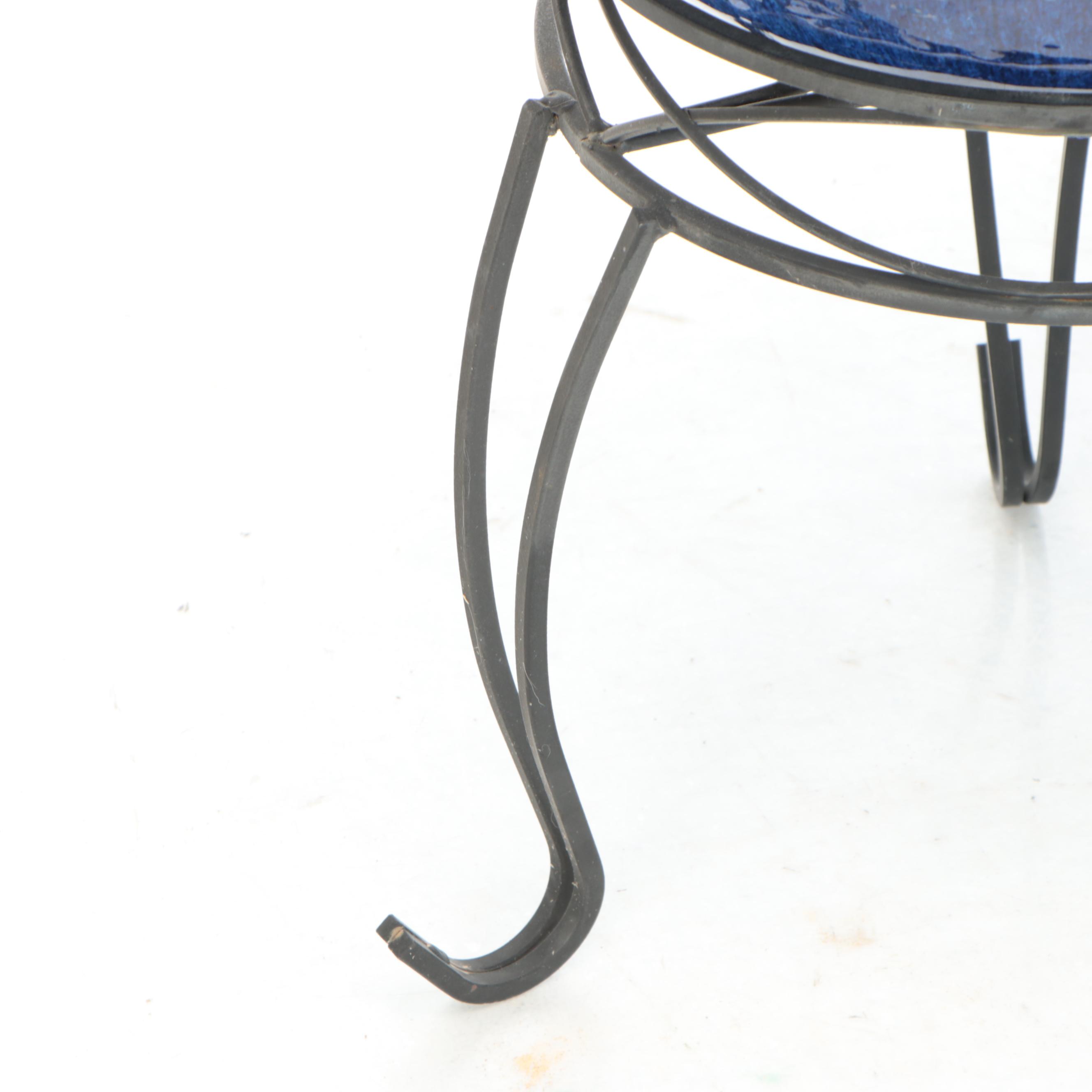 Cobalt Drip Glaze Terracotta Vessel with Wrought Iron Stand